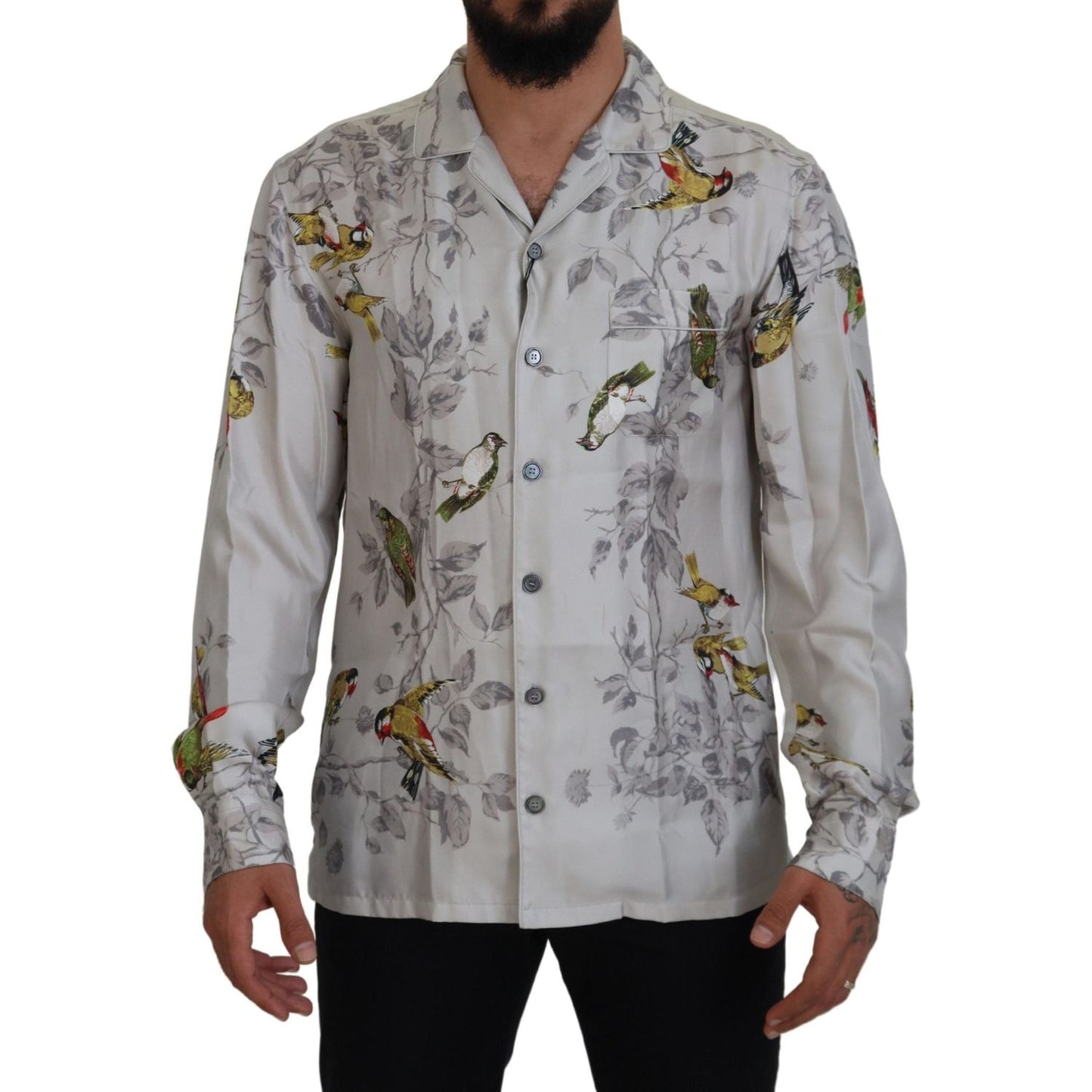 Dolce & Gabbana Elegant Silk Bird Print Casual Shirt Dolce & Gabbana Light Slate Gray