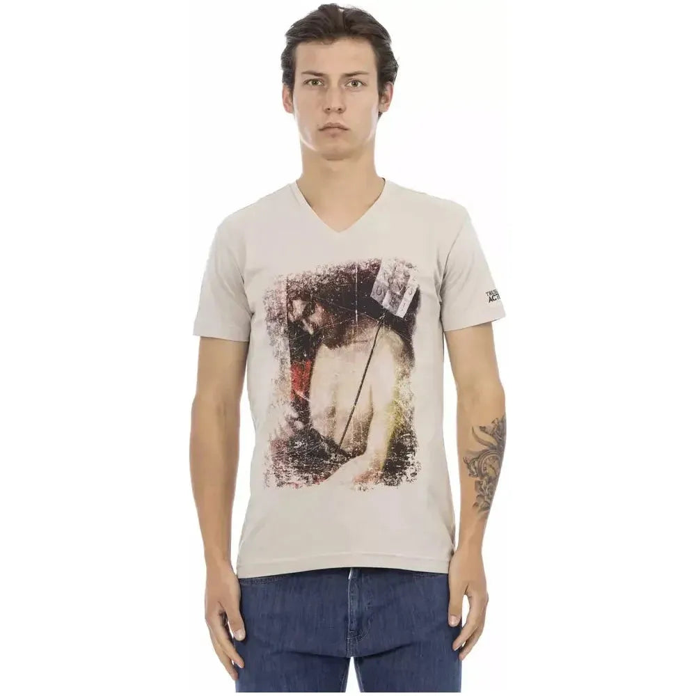 Trussardi Action Beige Cotton Men V-Neck T-Shirt Trussardi Action Gray