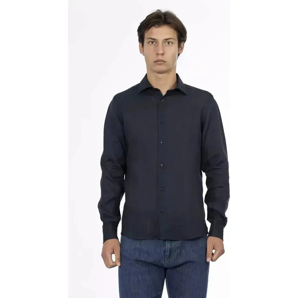 Baldinini Trend Blue Linen Men Shirt Baldinini Trend Dark Slate Gray