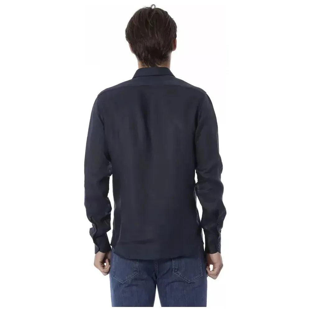 Baldinini Trend Blue Linen Men Shirt Baldinini Trend Dark Slate Gray