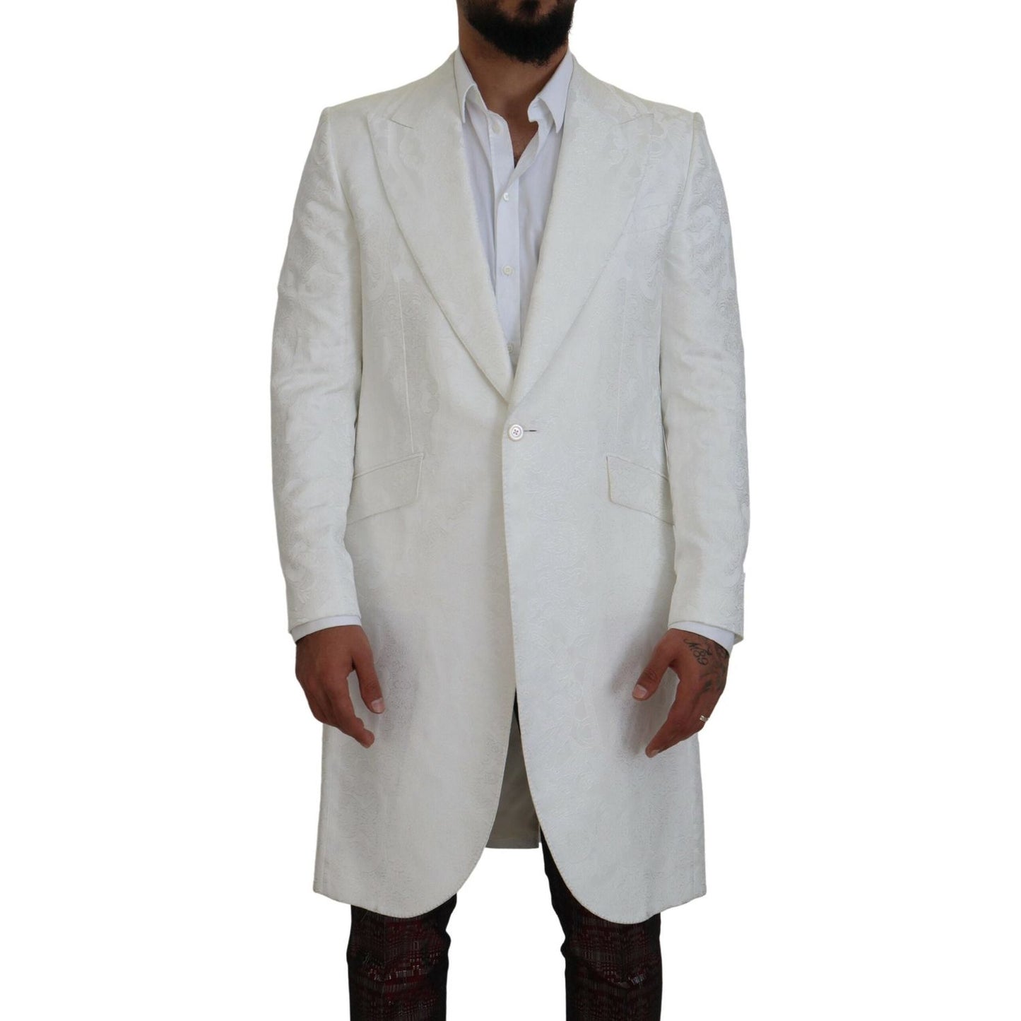 Dolce & Gabbana Elegant White Floral Brocade Trench Coat Dolce & Gabbana Gray
