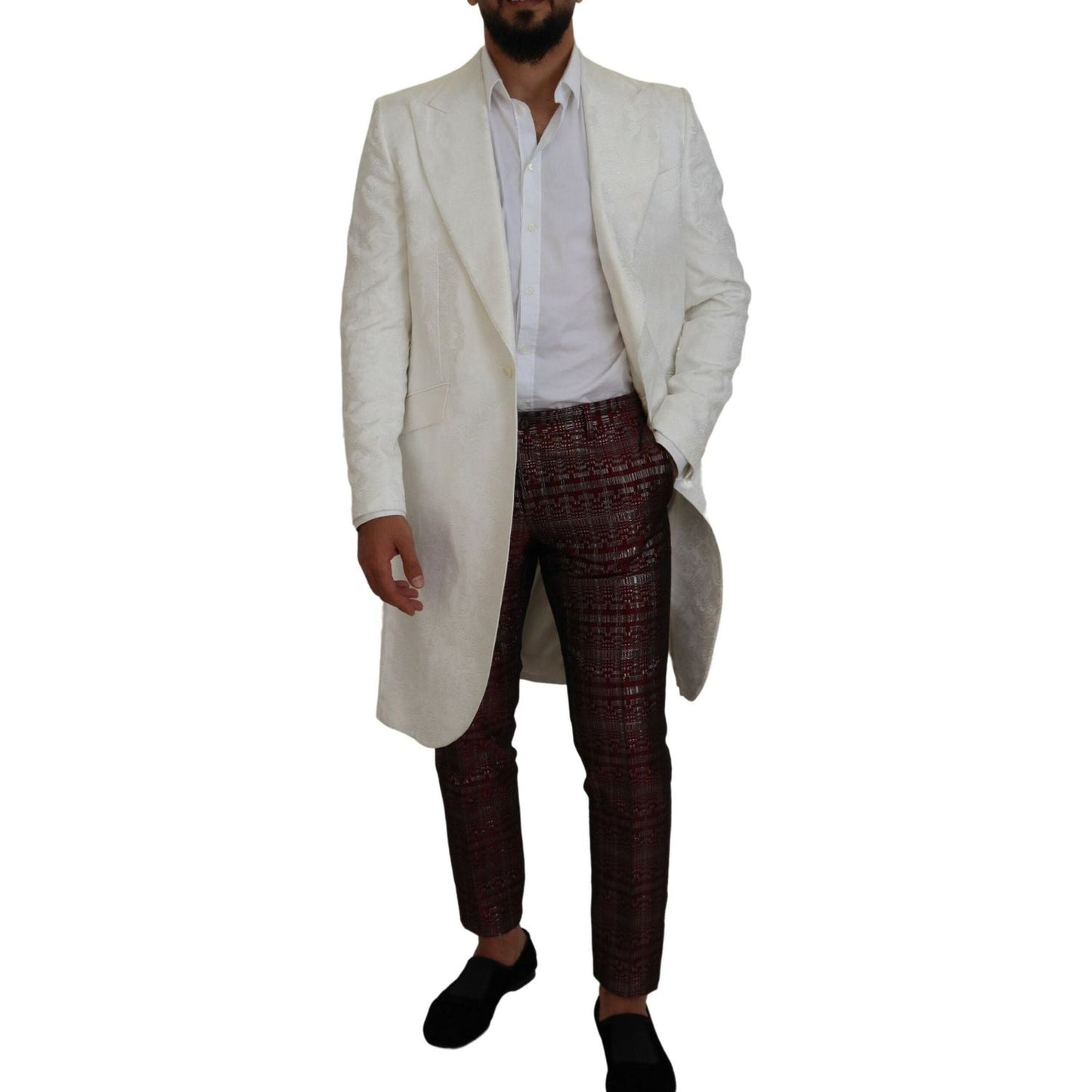 Dolce & Gabbana Elegant White Floral Brocade Trench Coat Dolce & Gabbana Dark Gray