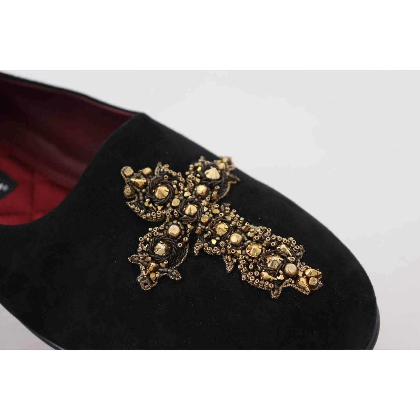 Dolce & Gabbana Black Suede Gold Cross Slip On Loafers Shoes