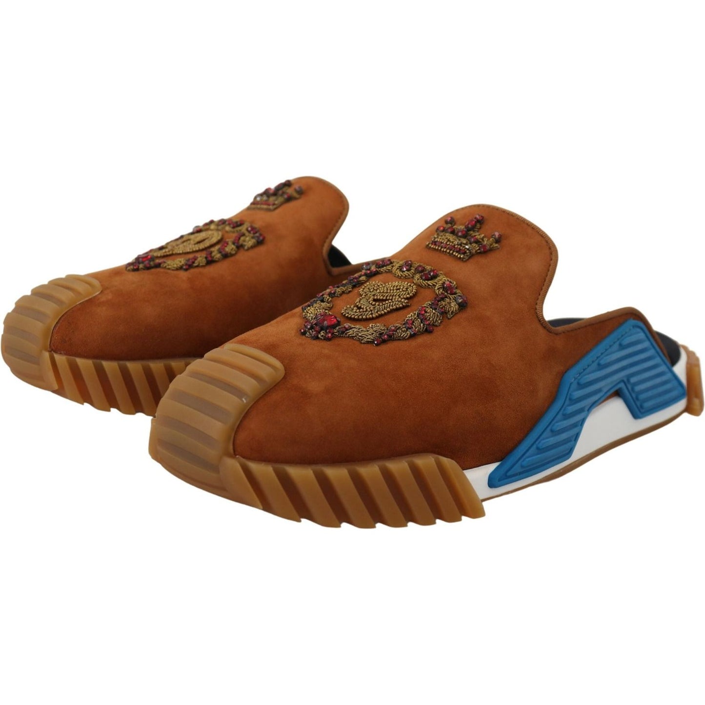 Dolce & Gabbana Beaded Elegance Suede Slides in Beige Dolce & Gabbana Saddle Brown