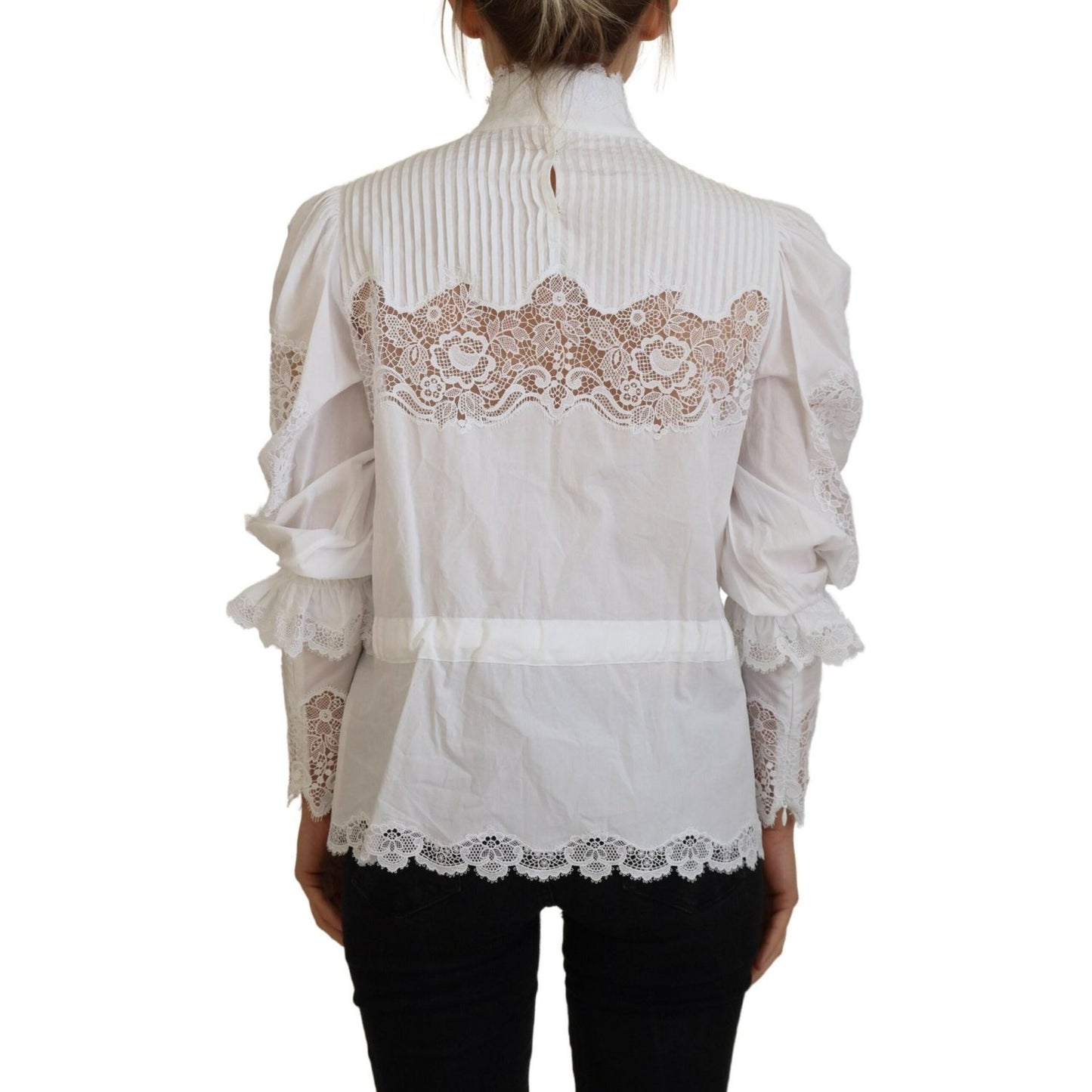 Dolce & Gabbana Elegant White Lace Trim Cotton Blouse Dolce & Gabbana Gray