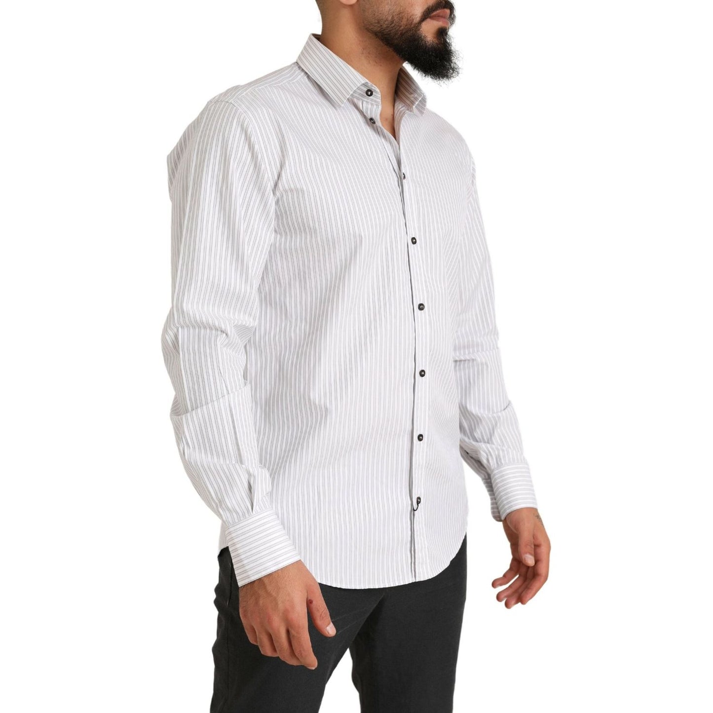 Dolce & Gabbana Elegant White Striped Cotton Dress Shirt Dolce & Gabbana Light Gray
