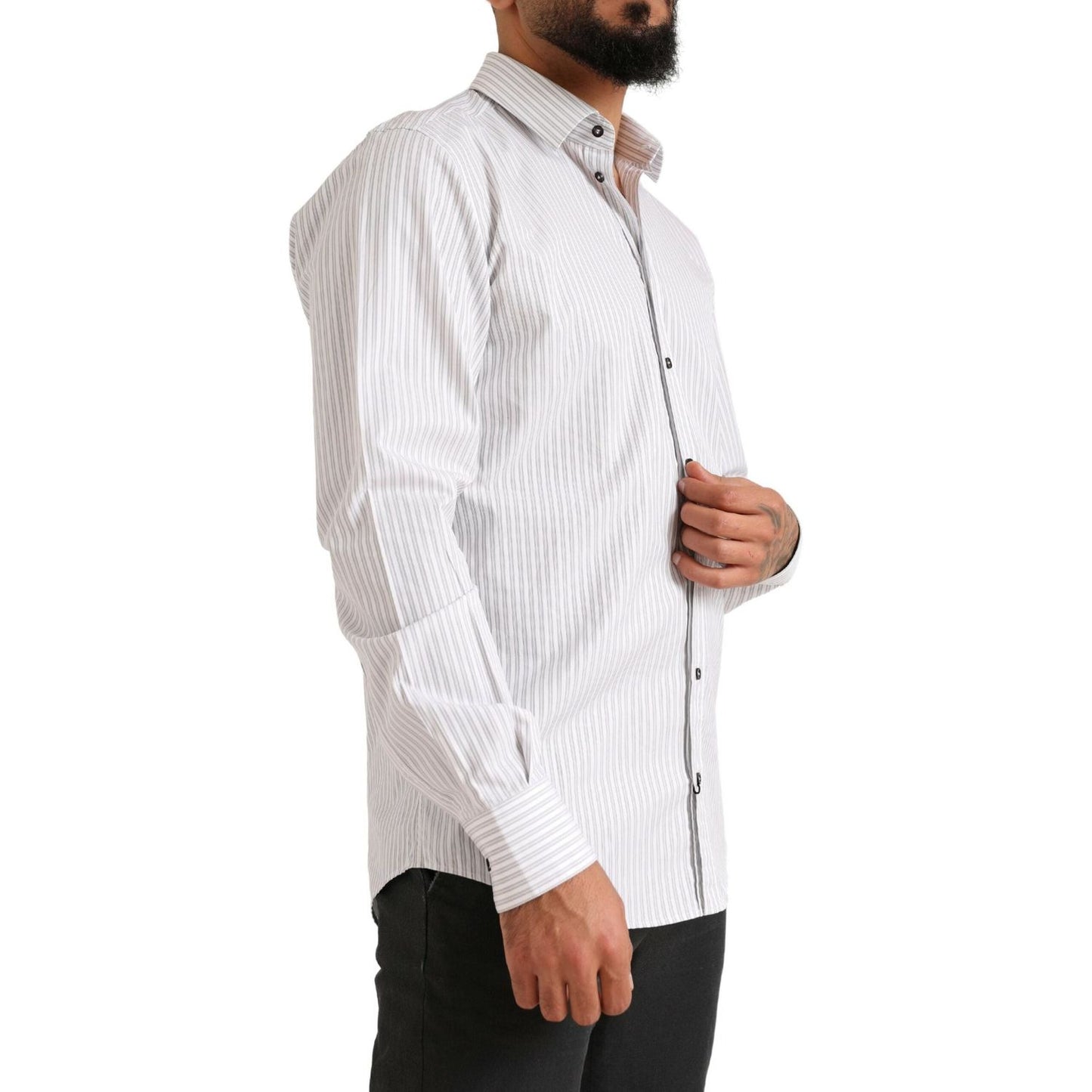 Dolce & Gabbana Elegant White Striped Cotton Dress Shirt Dolce & Gabbana Light Gray
