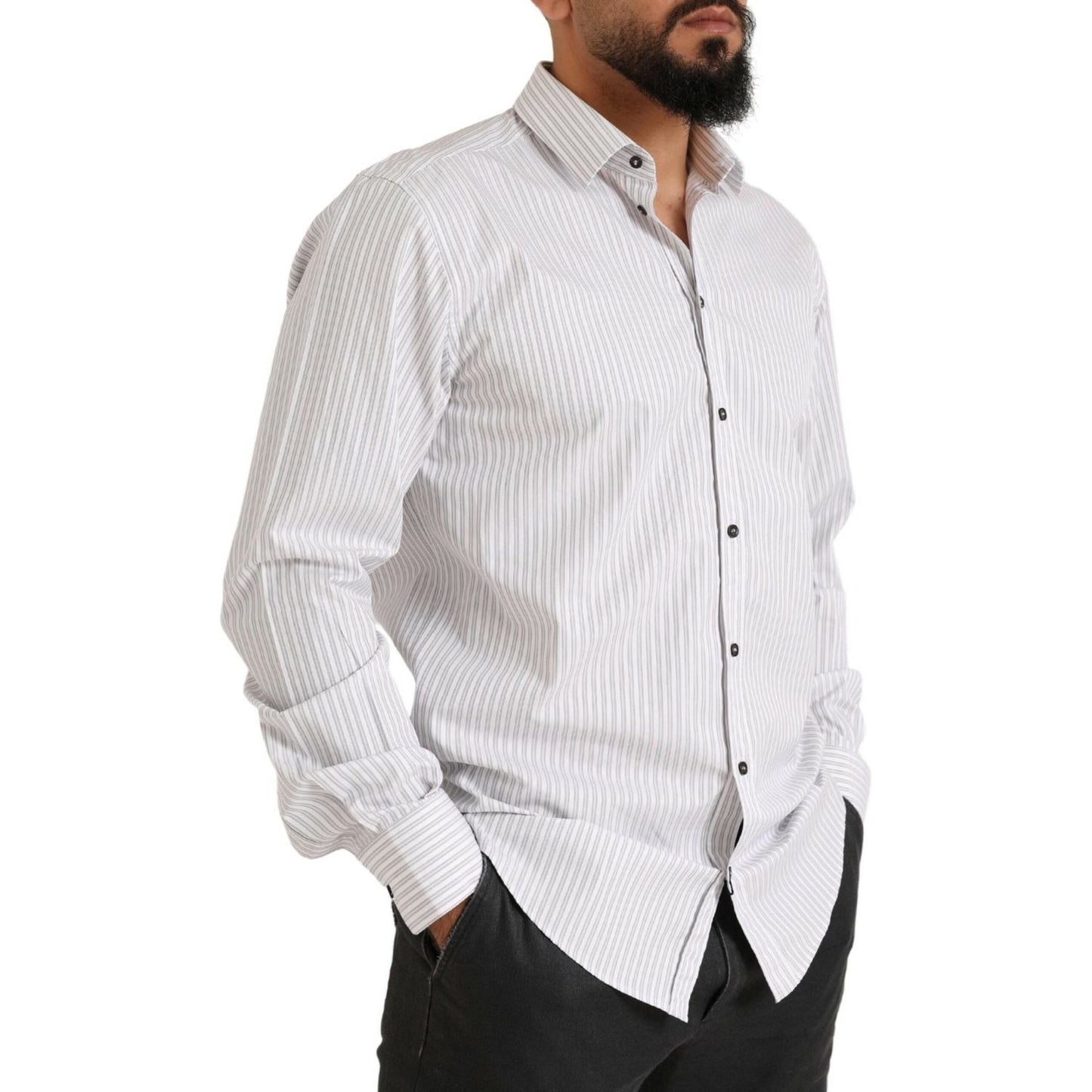 Dolce & Gabbana Elegant White Striped Cotton Dress Shirt Dolce & Gabbana Light Gray