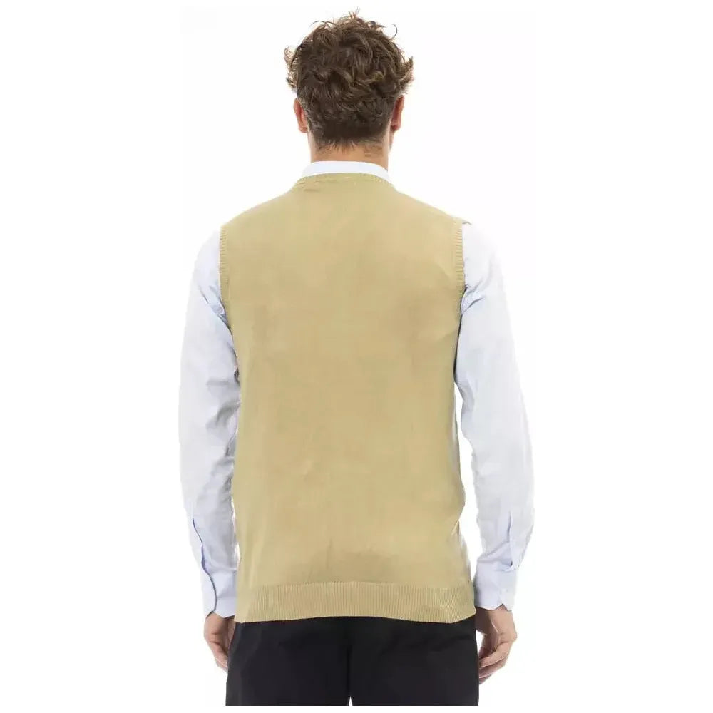 Alpha Studio Beige Viscose Men Vest Alpha Studio Tan