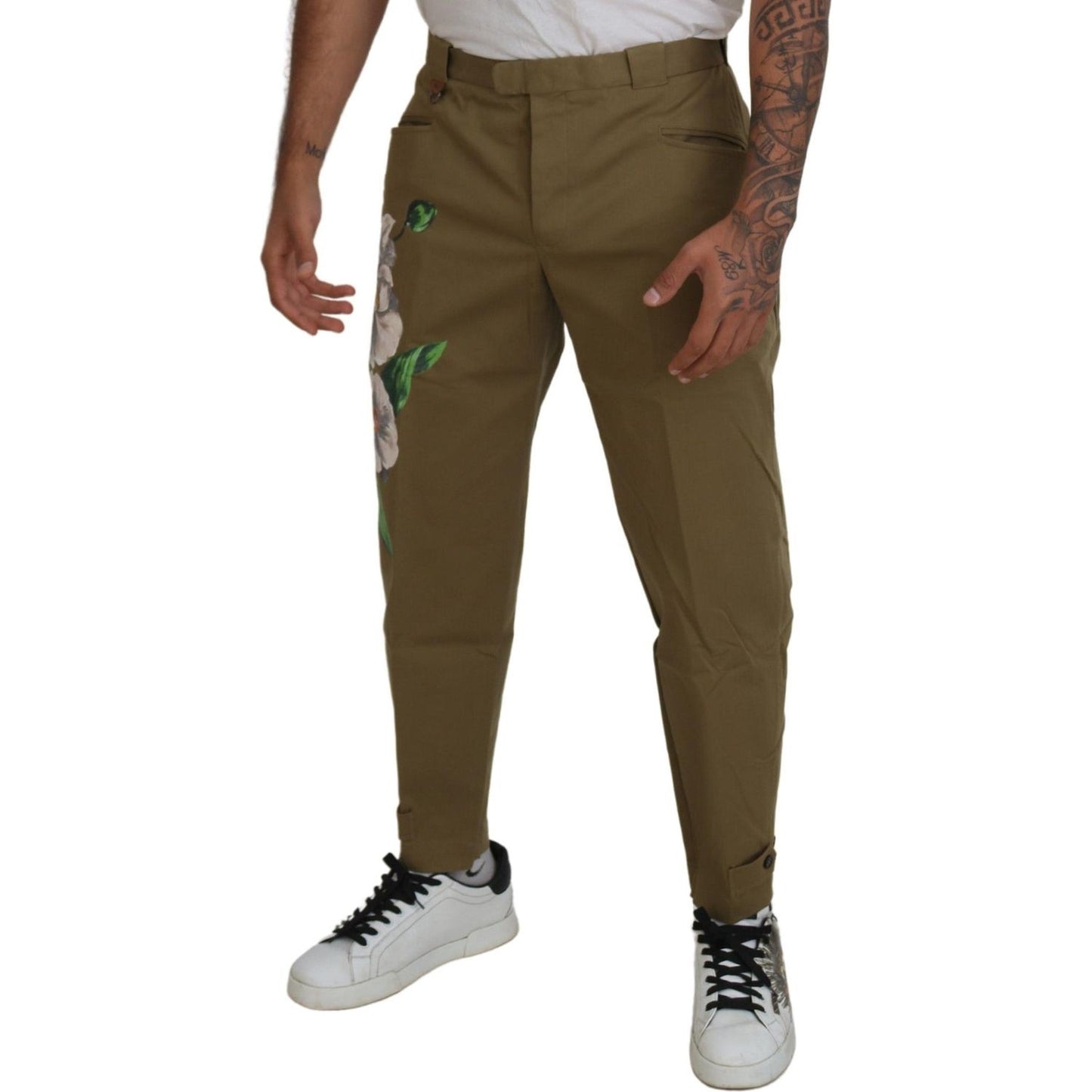 Dolce & Gabbana Exquisite Floral Beige Chino Pants Dolce & Gabbana Dark Olive Green