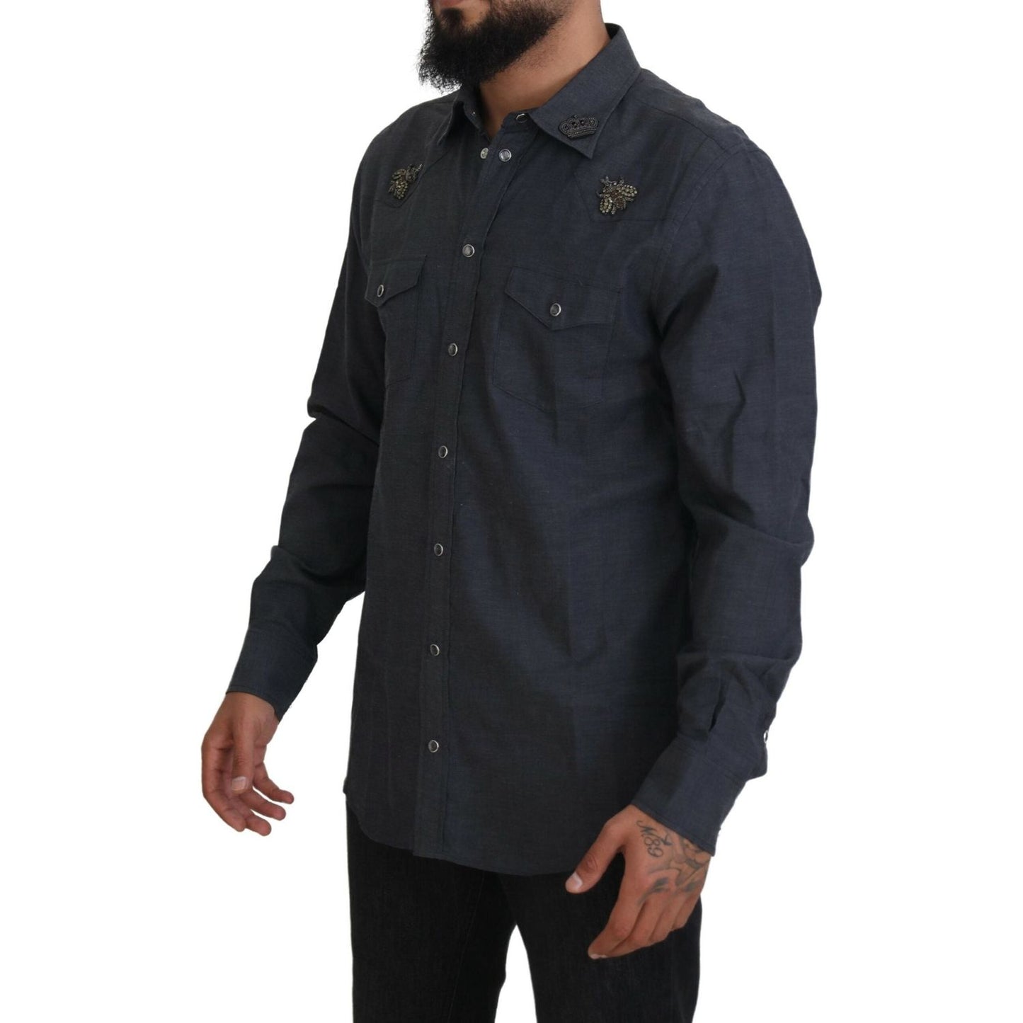 Dolce & Gabbana Blue Cotton Denim Crystal Bee Shirt TSH83866- 37