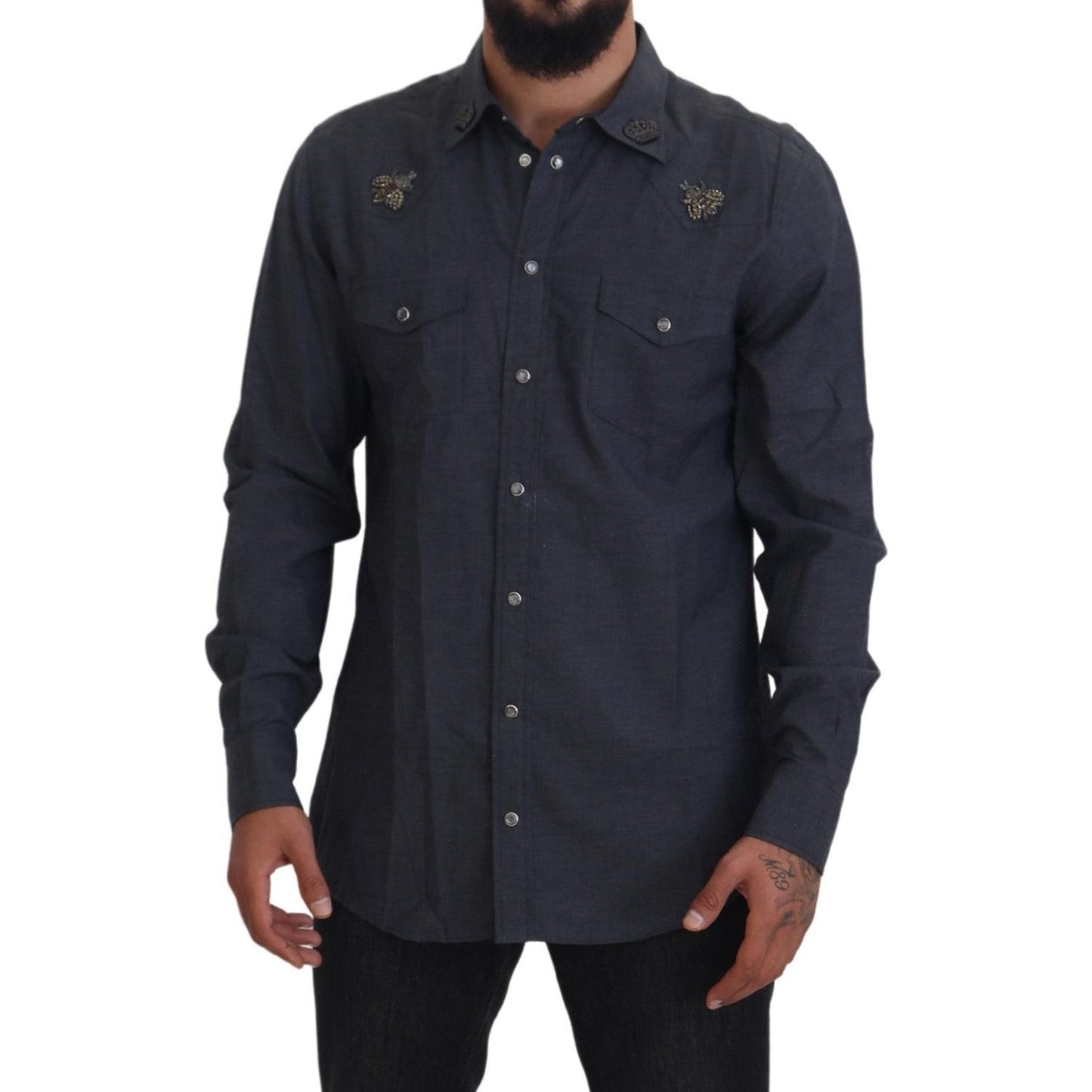 Dolce & Gabbana Blue Cotton Denim Crystal Bee Shirt TSH83866- 37