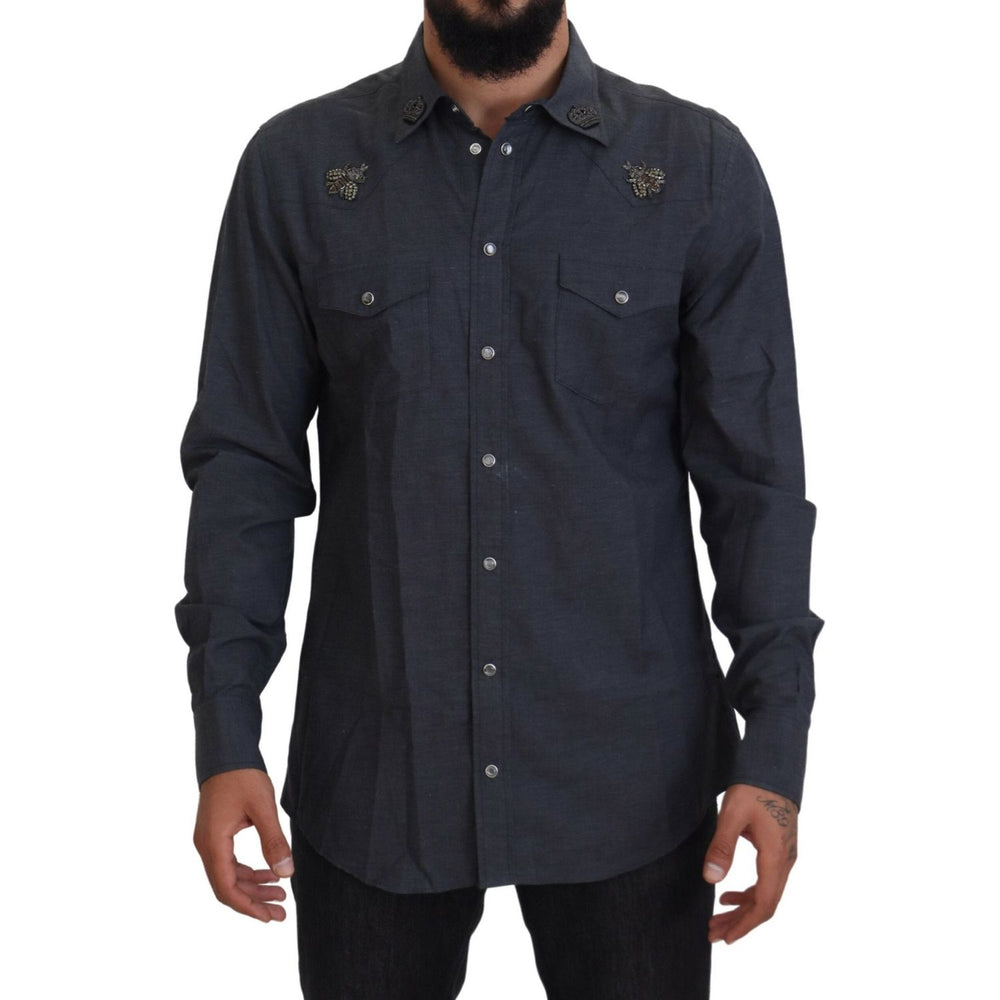 Dolce & Gabbana Blue Cotton Denim Crystal Bee Shirt TSH83866- 37