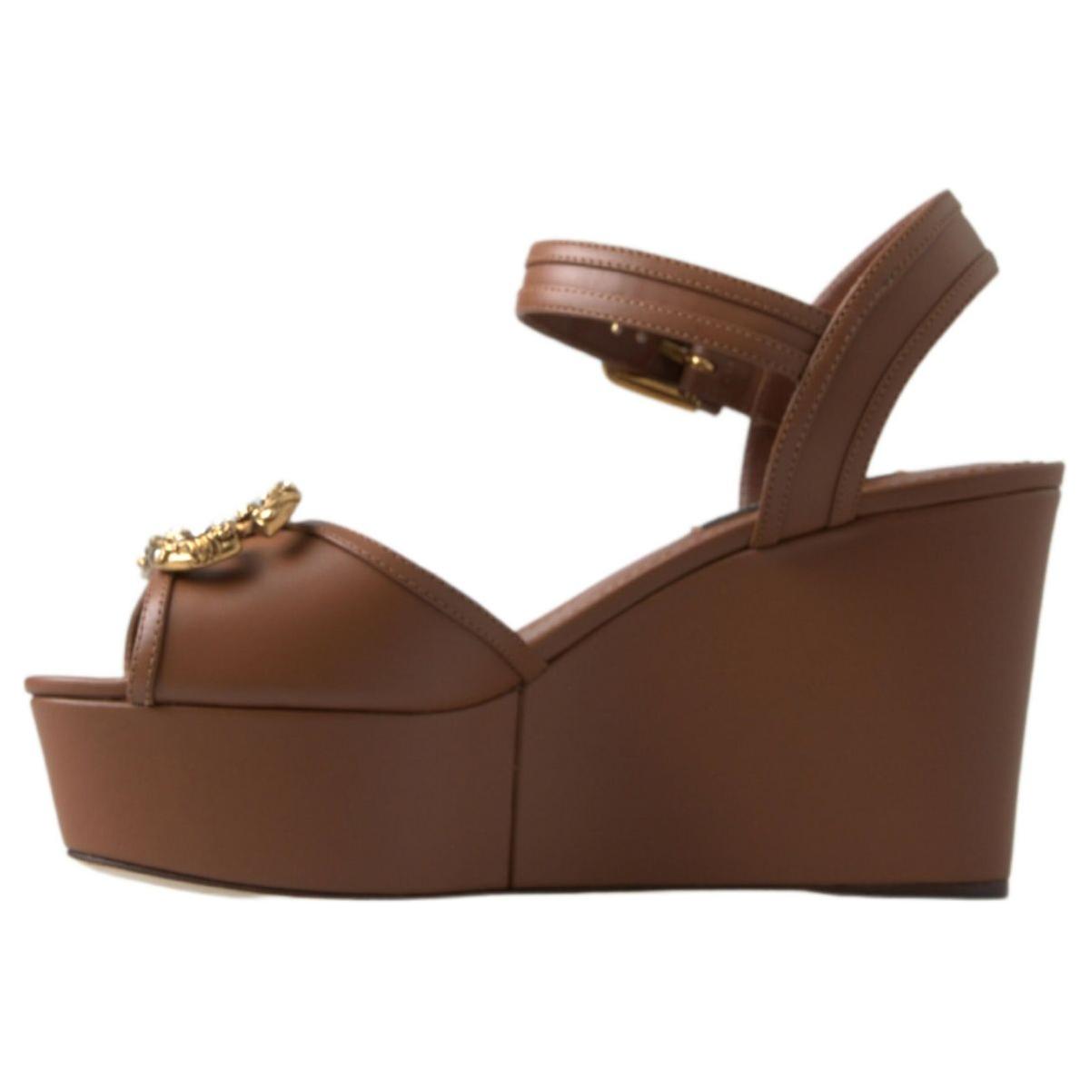 Dolce & Gabbana Chic Brown Leather Ankle Strap Wedges Dolce & Gabbana Dark Olive Green