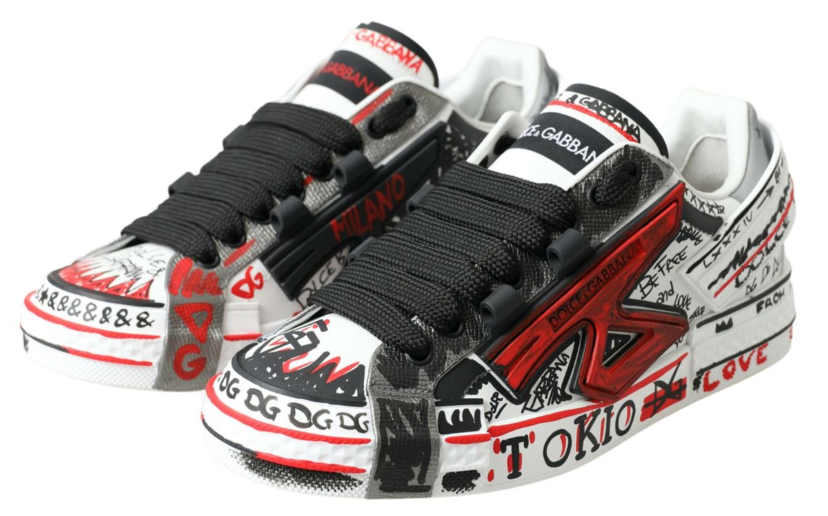 Dolce & Gabbana Multicolor Hand-Painted Leather Sneakers Dolce & Gabbana Light Gray