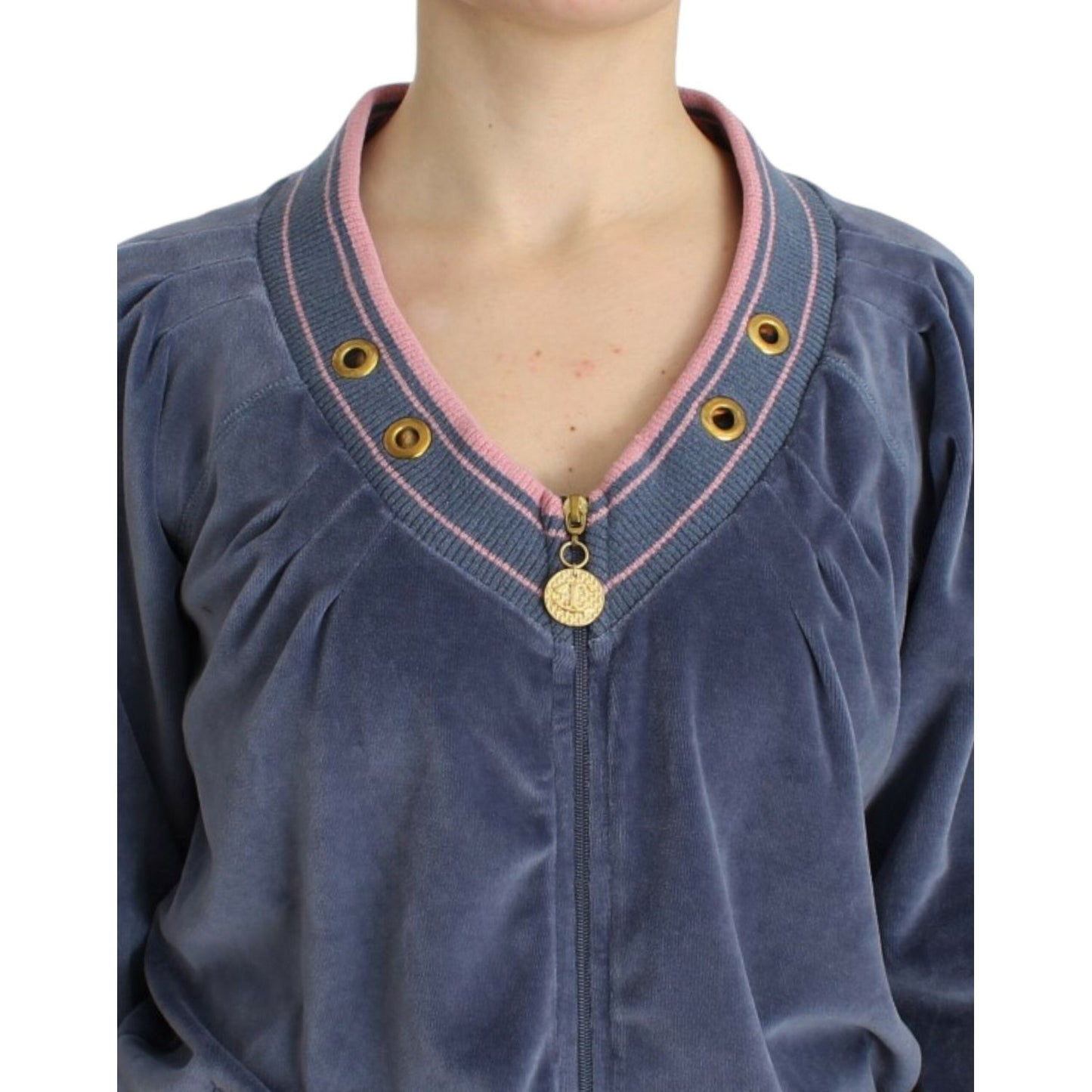 Cavalli Elegant Blue Zip Cardigan with Gold Details Cavalli Dark Slate Gray