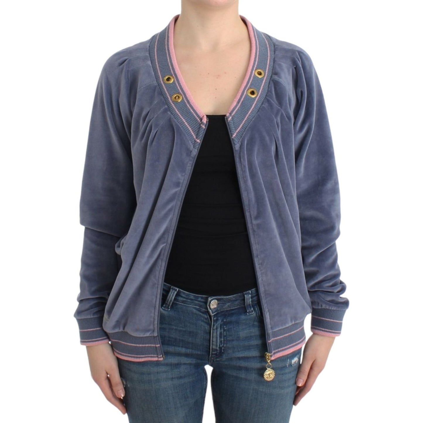 Cavalli Elegant Blue Zip Cardigan with Gold Details Cavalli Dim Gray