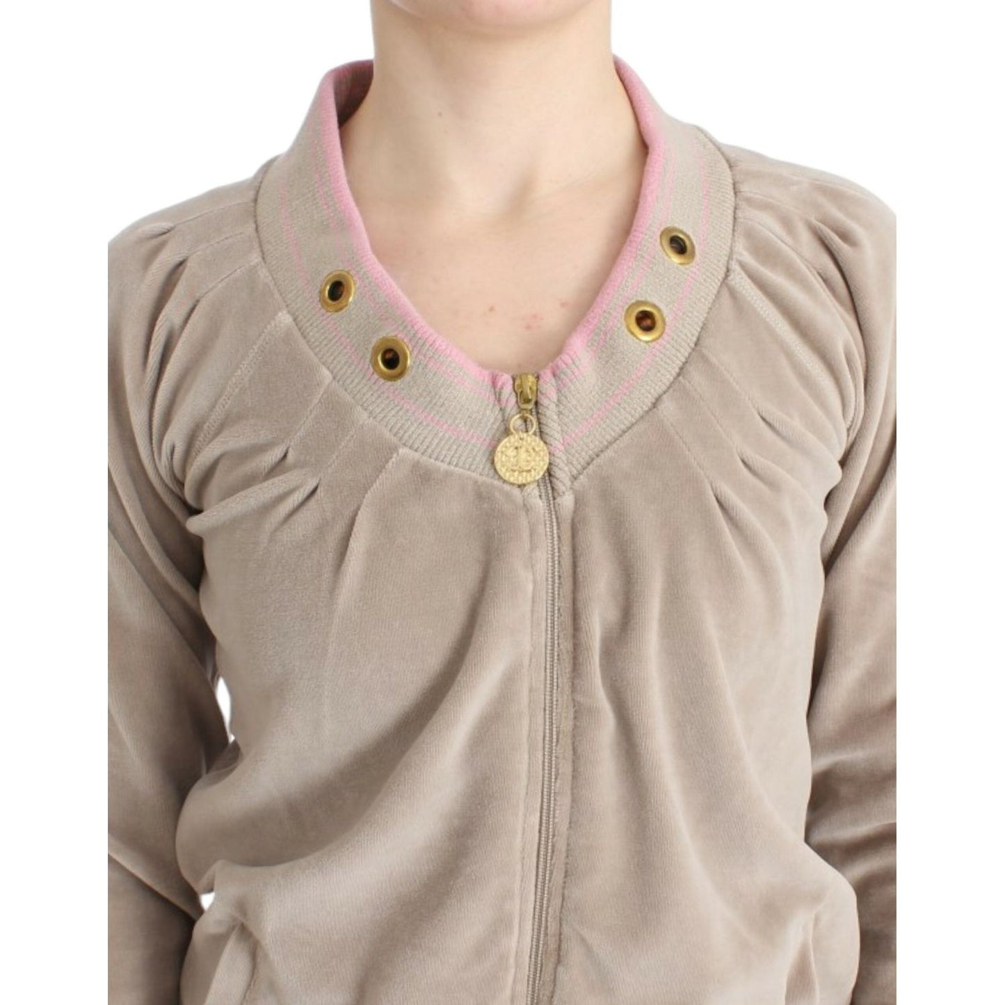 Cavalli Beige Zip Cardigan with Gold Tone Accents Cavalli Dark Gray