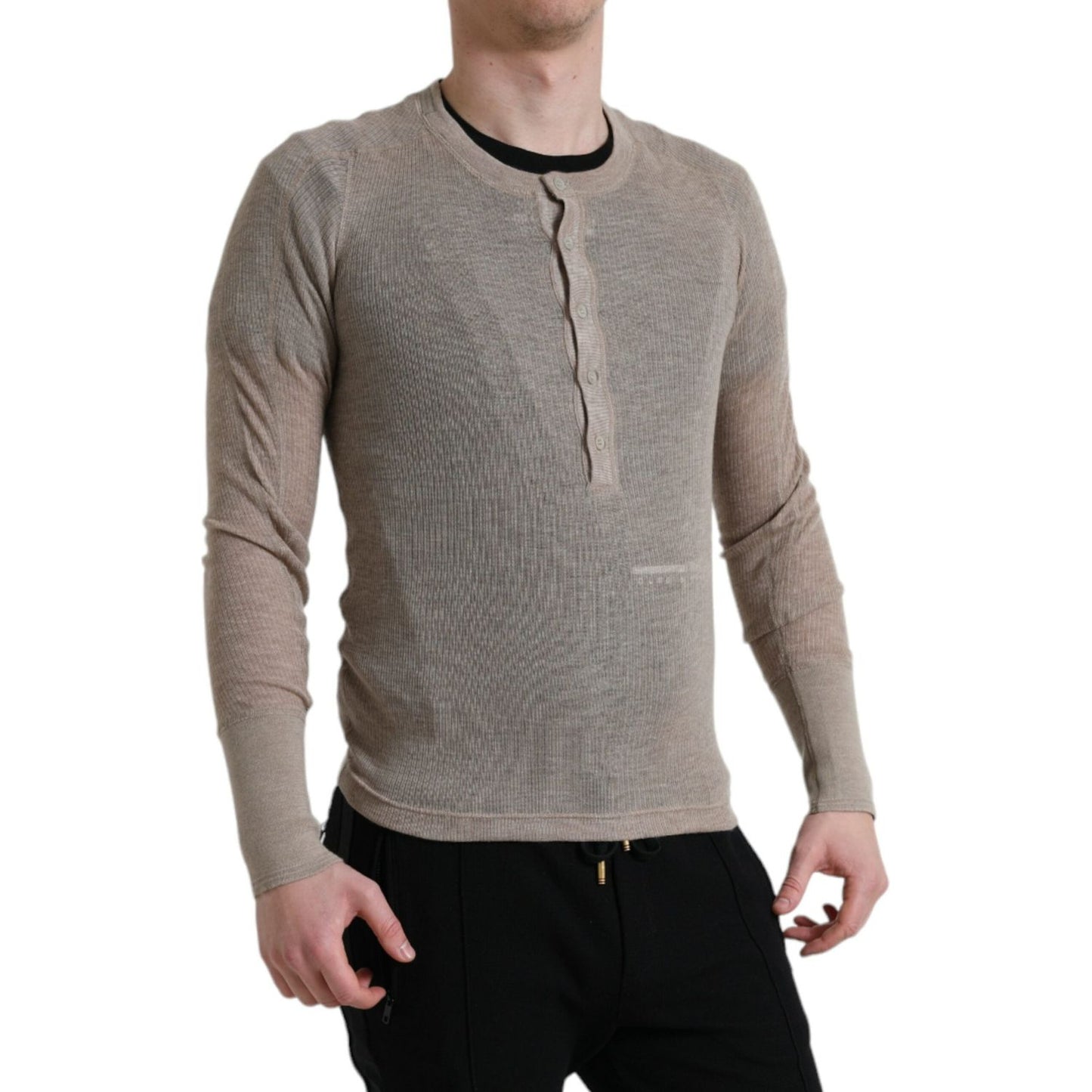 Dolce & Gabbana Elegant Beige Henley Cashmere Sweater Dolce & Gabbana Dim Gray