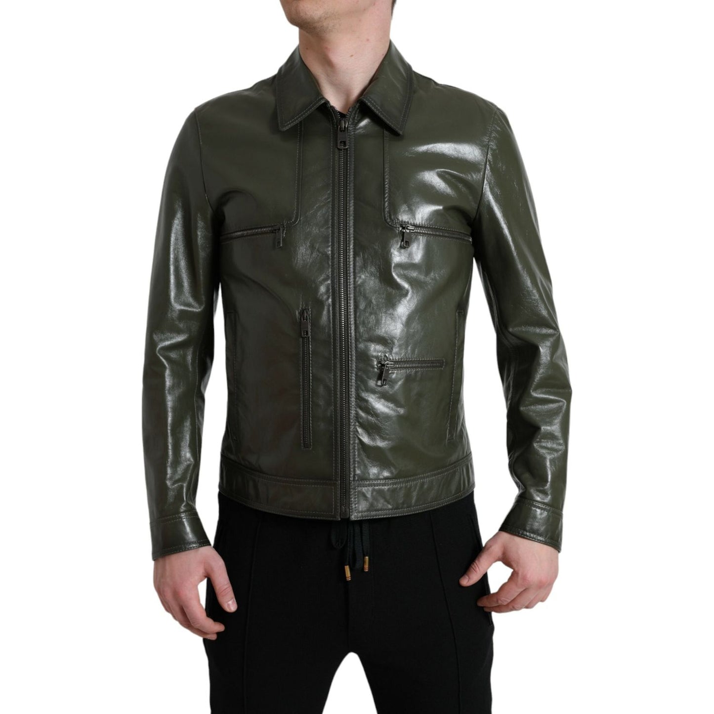 Dolce & Gabbana Emerald Elegance Leather Biker Jacket Dolce & Gabbana Dark Slate Gray