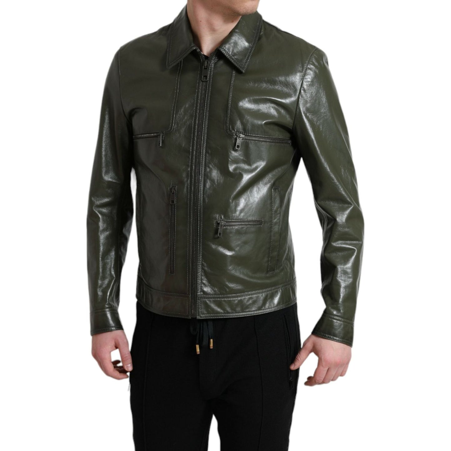 Dolce & Gabbana Emerald Elegance Leather Biker Jacket Dolce & Gabbana Dark Slate Gray