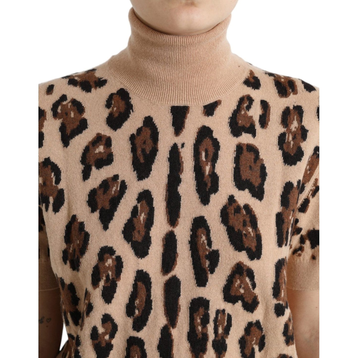 Dolce & Gabbana Elegant Beige Leopard Turtleneck Wool Top Dolce & Gabbana Rosy Brown
