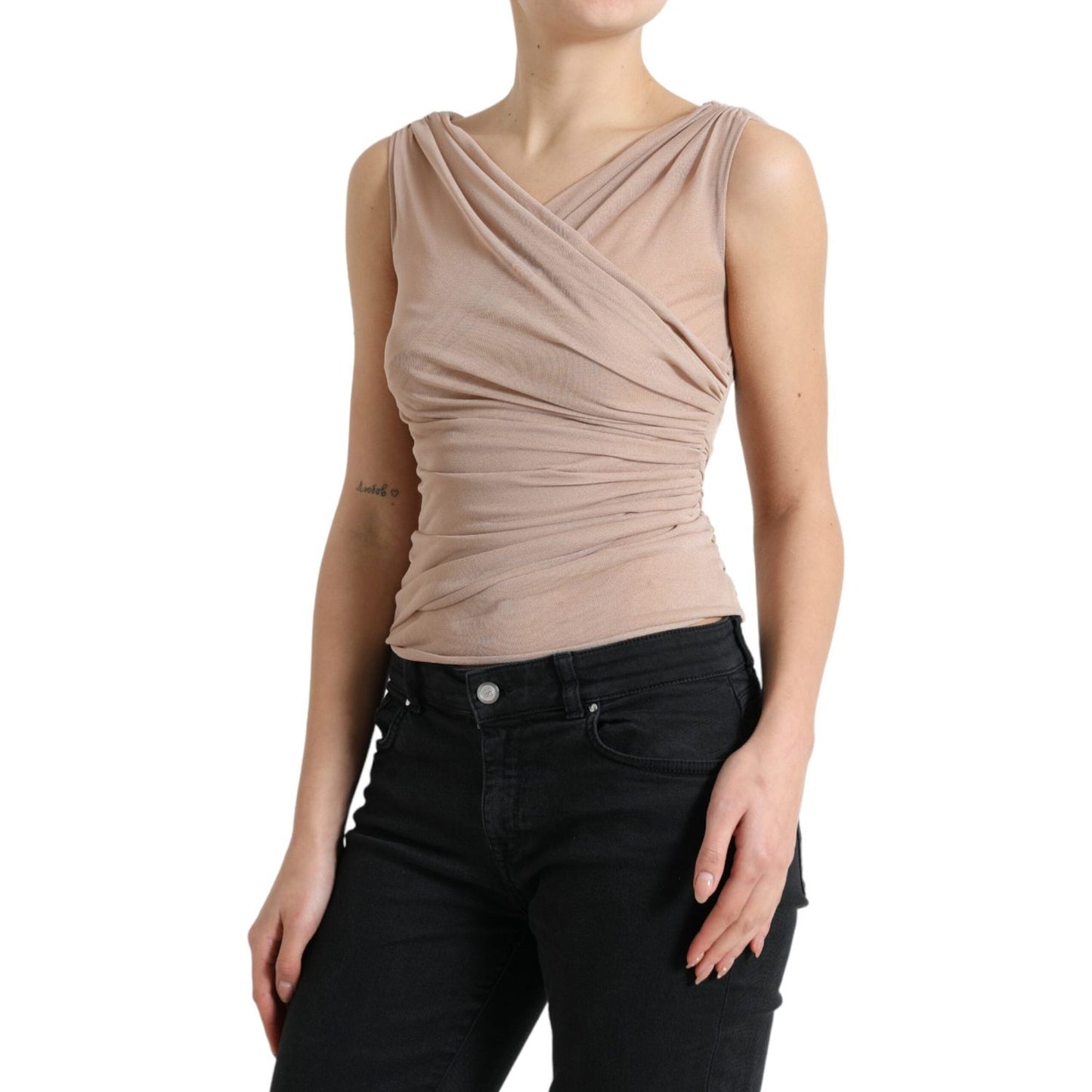Dolce & Gabbana Elegant Beige V-Neck Sleeveless Sheer Tank Top Dolce & Gabbana Rosy Brown