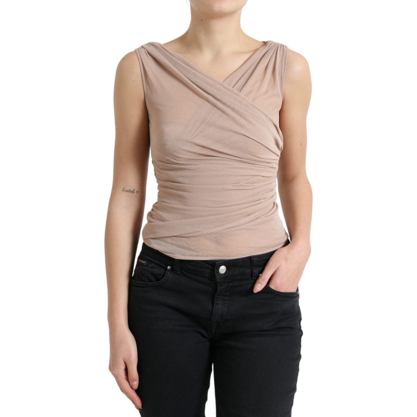 Dolce & Gabbana Elegant Beige V-Neck Sleeveless Sheer Tank Top Dolce & Gabbana Rosy Brown