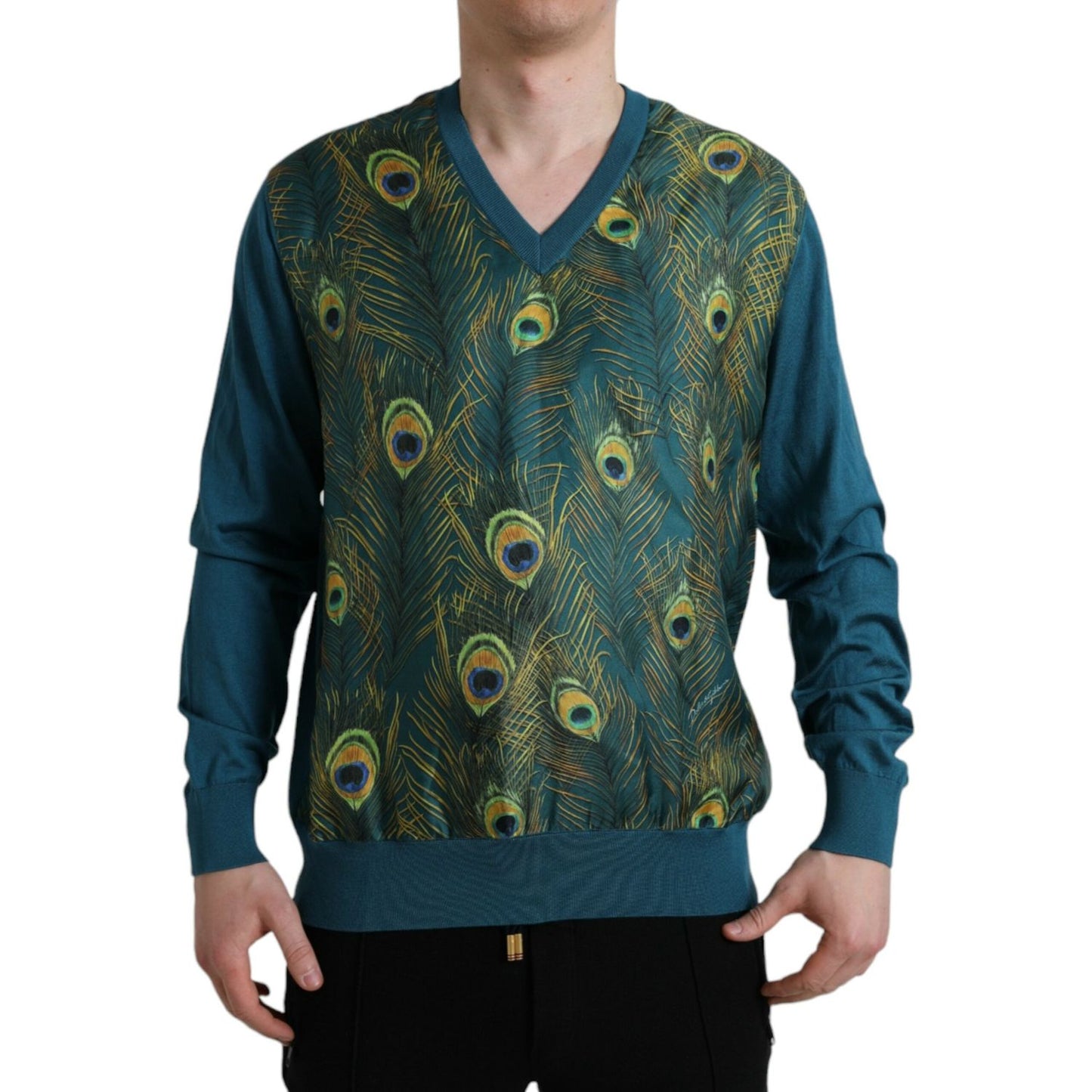 Dolce & Gabbana Silk V-Neck Peacock Feather Sweater Dolce & Gabbana Dark Slate Gray