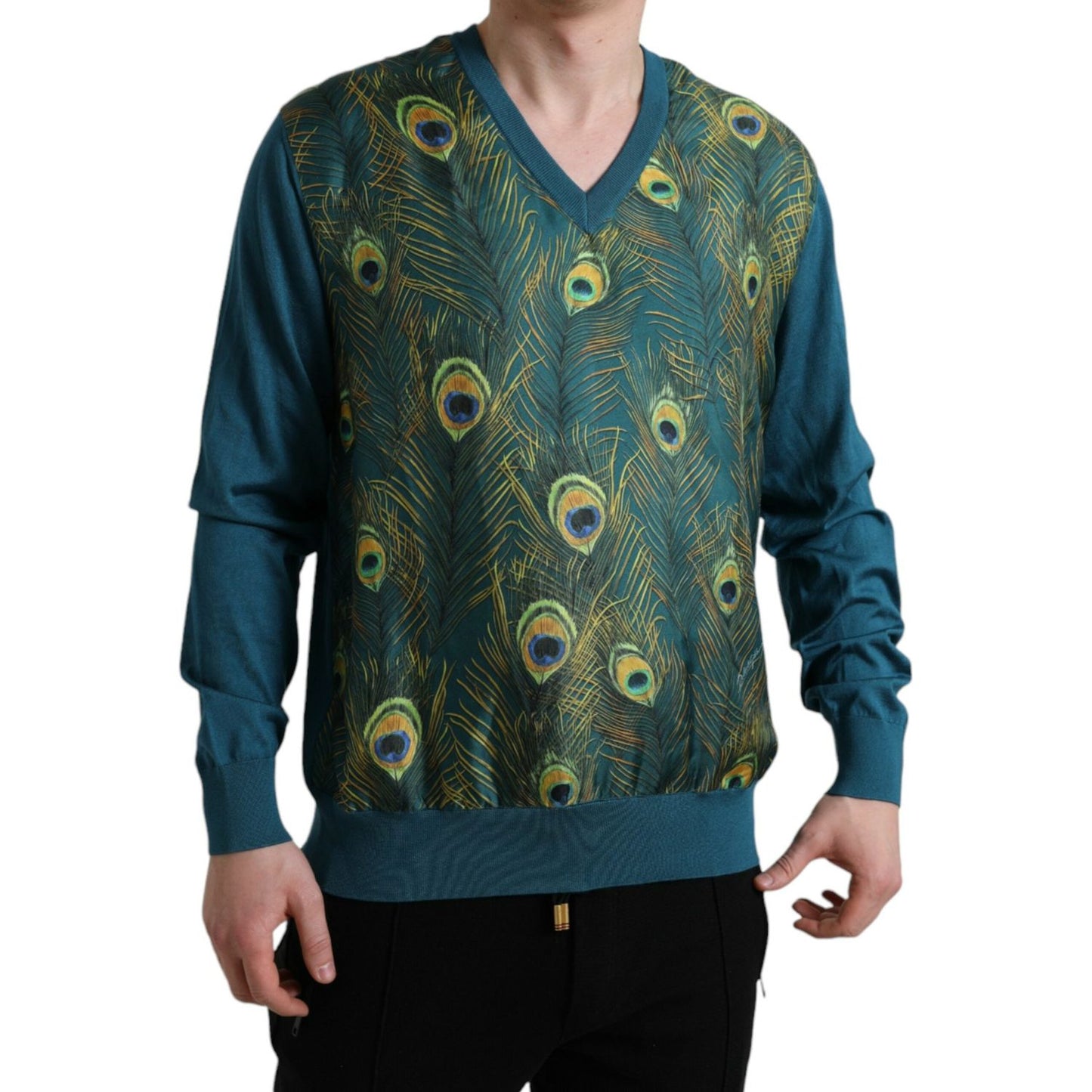 Dolce & Gabbana Silk V-Neck Peacock Feather Sweater Dolce & Gabbana Dark Slate Gray