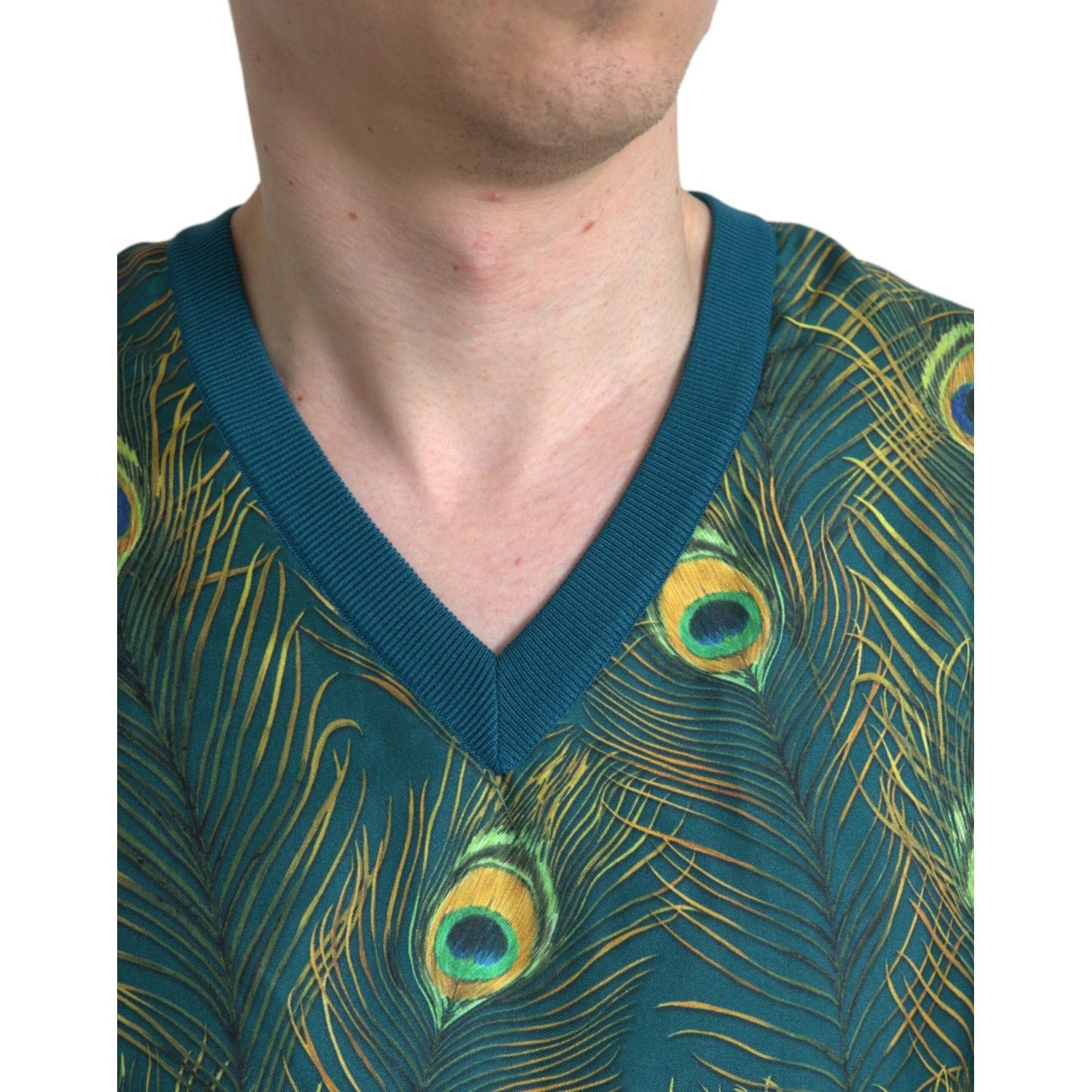 Dolce & Gabbana Silk V-Neck Peacock Feather Sweater Dolce & Gabbana Dark Slate Gray