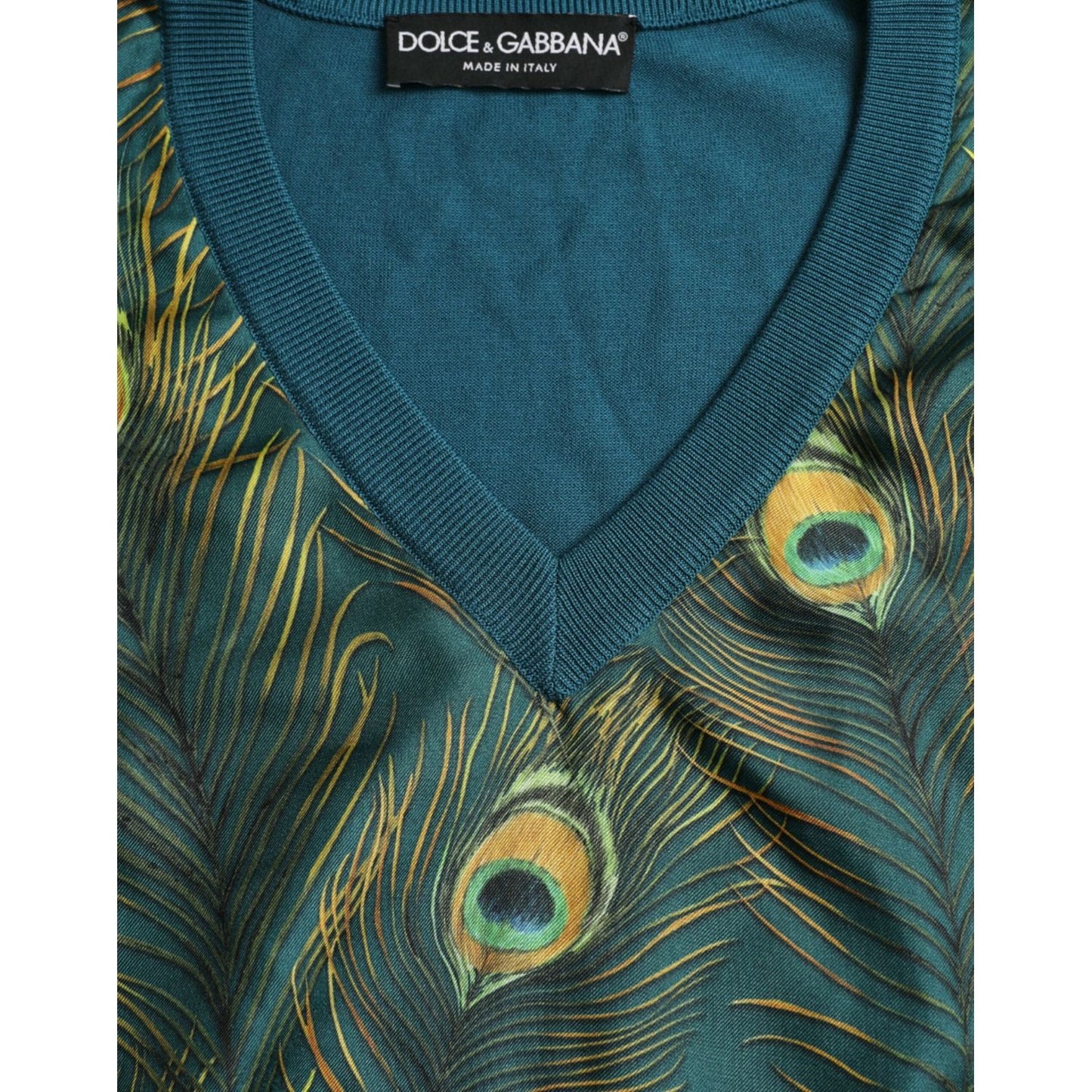 Dolce & Gabbana Silk V-Neck Peacock Feather Sweater Dolce & Gabbana Dark Slate Gray