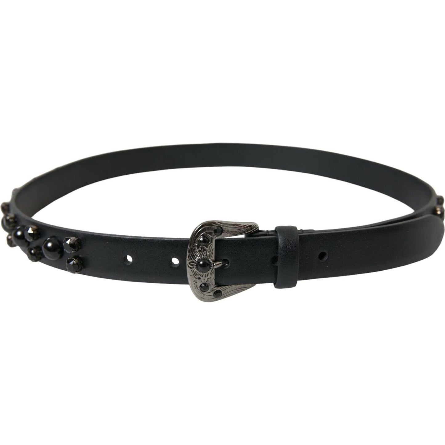 Dolce & Gabbana Black Embellished Leather Engraved Buckle Belt WMB343-95