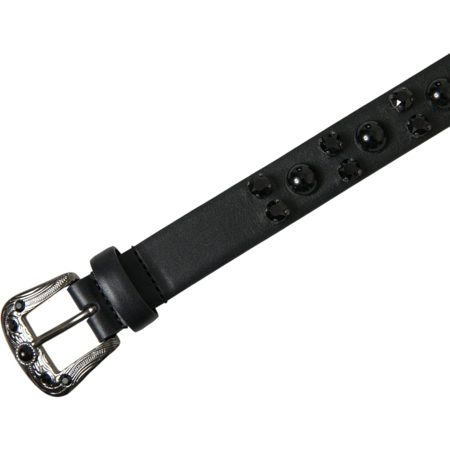 Dolce & Gabbana Black Embellished Leather Engraved Buckle Belt WMB343-95