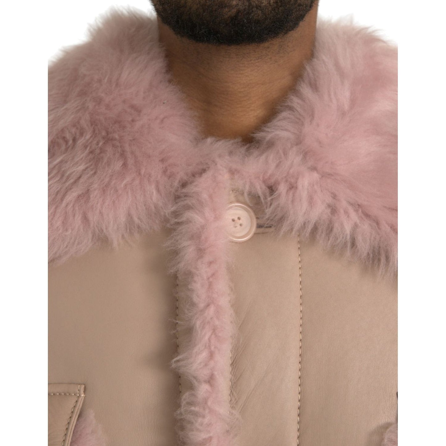 Dolce & Gabbana Beige Pink Lamb Leather Shearling Coat Jacket Dolce & Gabbana Rosy Brown