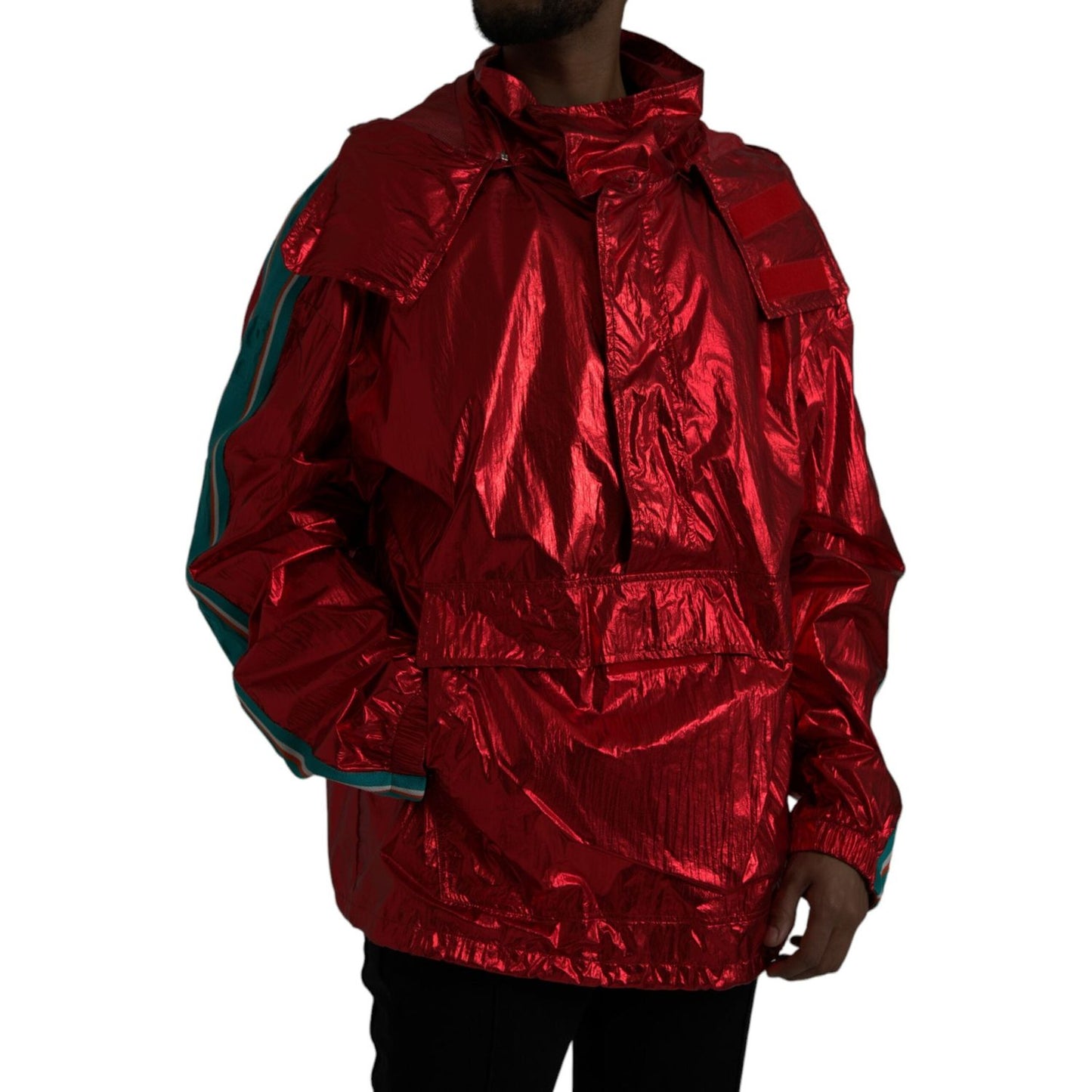 Dolce & Gabbana Red Nylon Hooded Pullover Sweatshirt Jacket Dolce & Gabbana Black