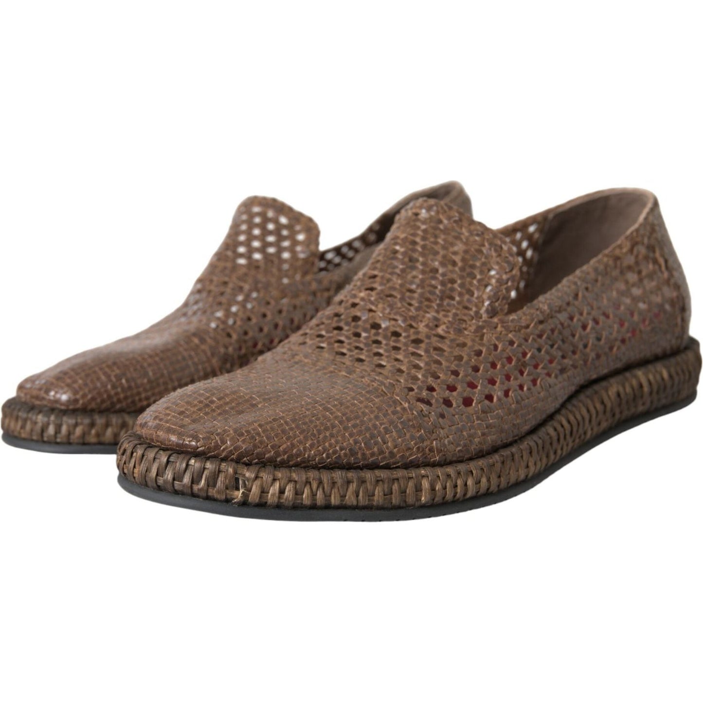 Dolce & Gabbana Brown Woven Leather Loafers Casual Shoes Dolce & Gabbana Dark Olive Green