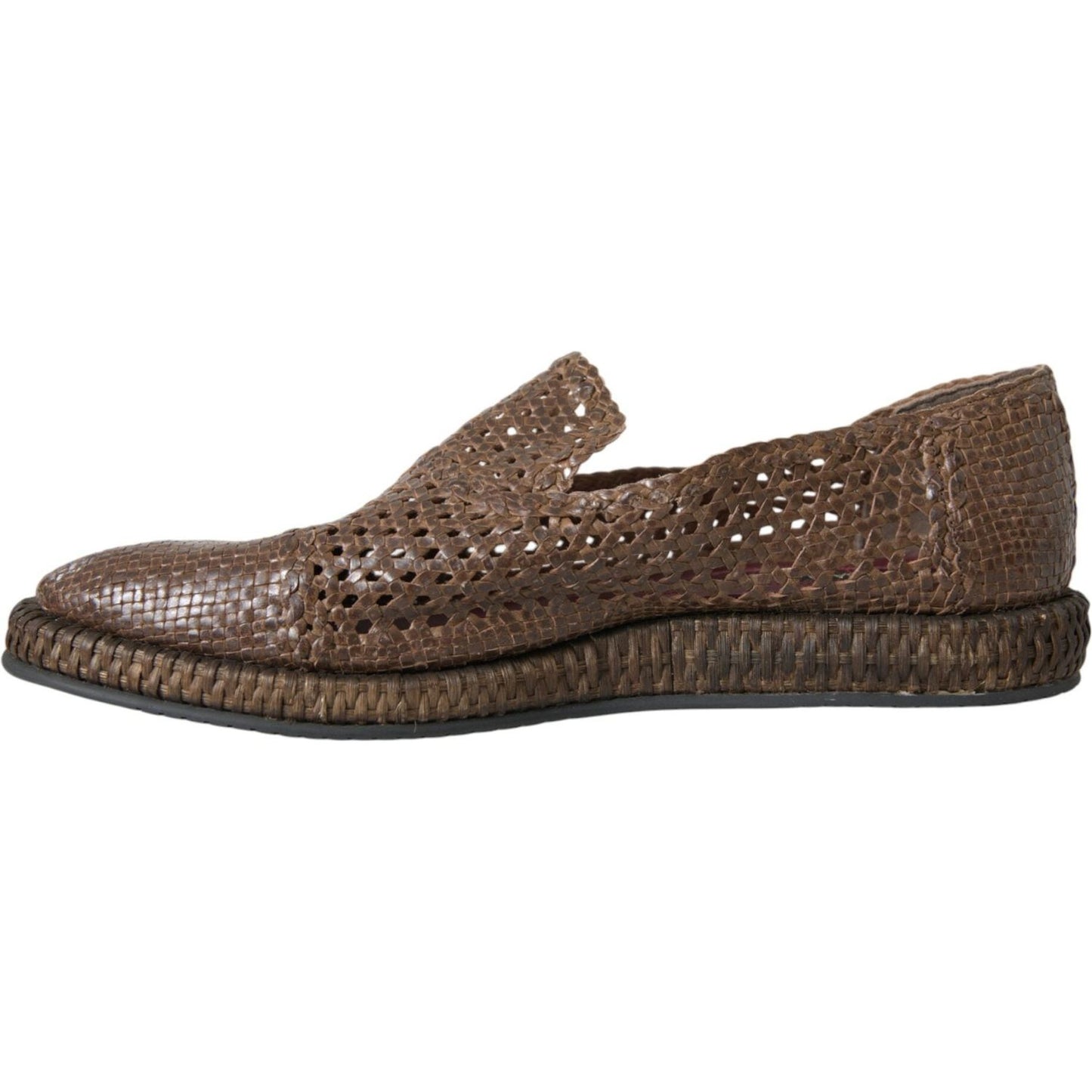Dolce & Gabbana Brown Woven Leather Loafers Casual Shoes Dolce & Gabbana Dark Olive Green
