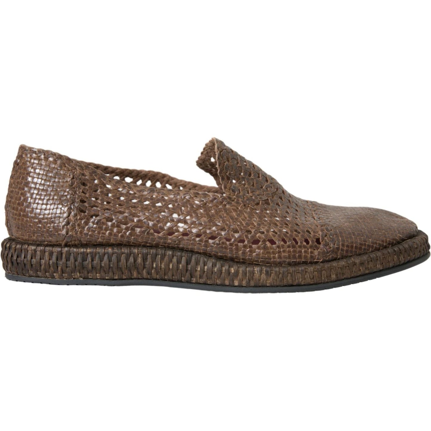 Dolce & Gabbana Brown Woven Leather Loafers Casual Shoes Dolce & Gabbana Dark Olive Green