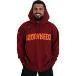 Dsquared² Maroon Cotton Tattered Hooded Printed Pullover Sweater
