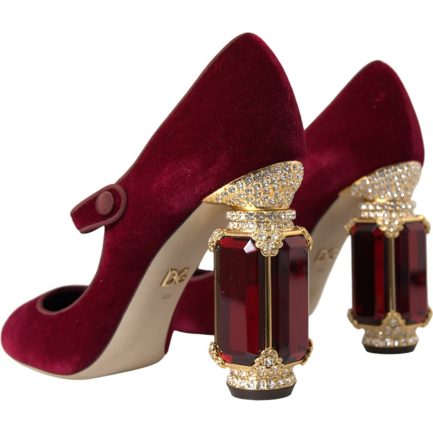Dolce & Gabbana Red Velvet Gold Crystals Heels Mary Jane Shoes Dolce & Gabbana Dark Red