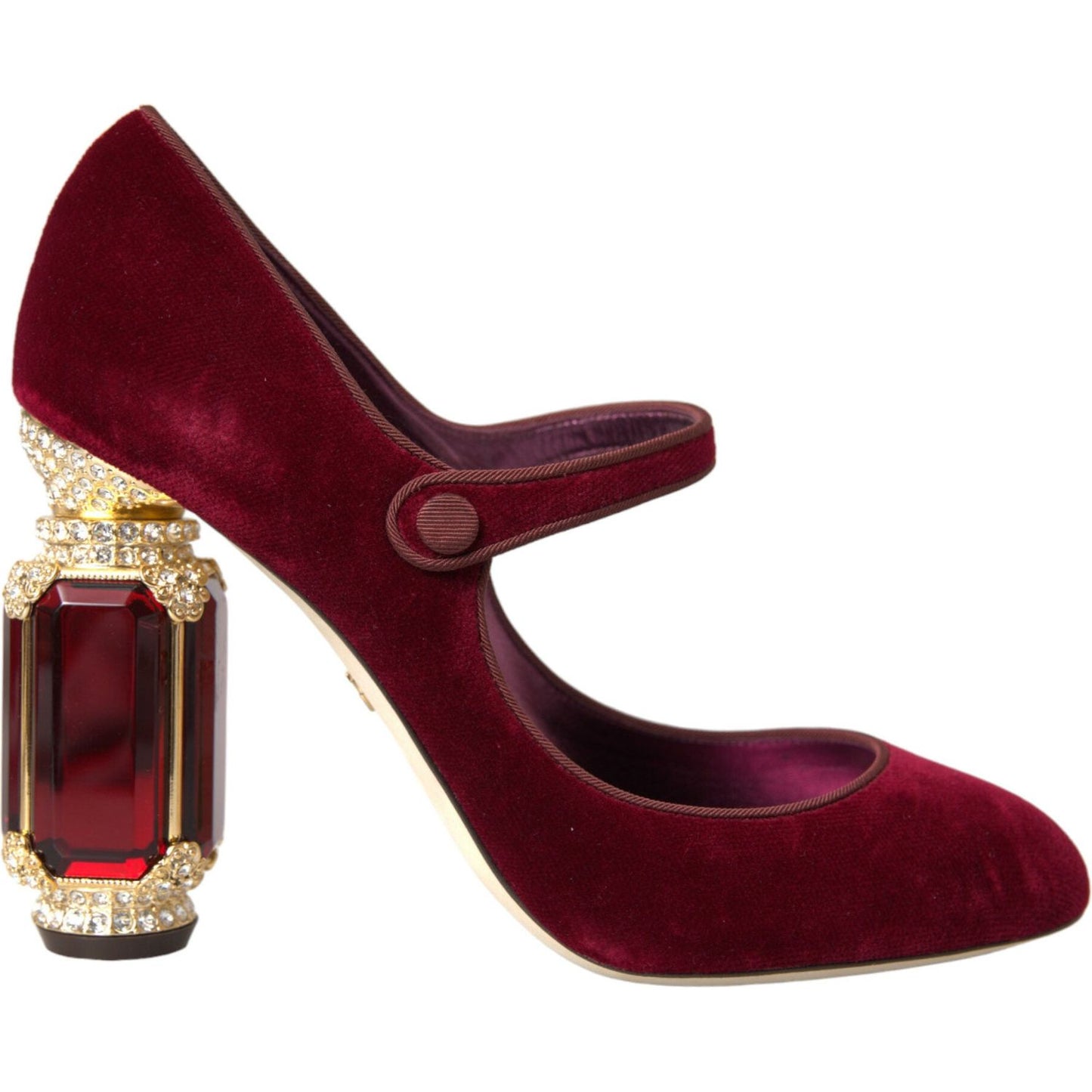 Dolce & Gabbana Red Velvet Gold Crystals Heels Mary Jane Shoes Dolce & Gabbana Dark Red