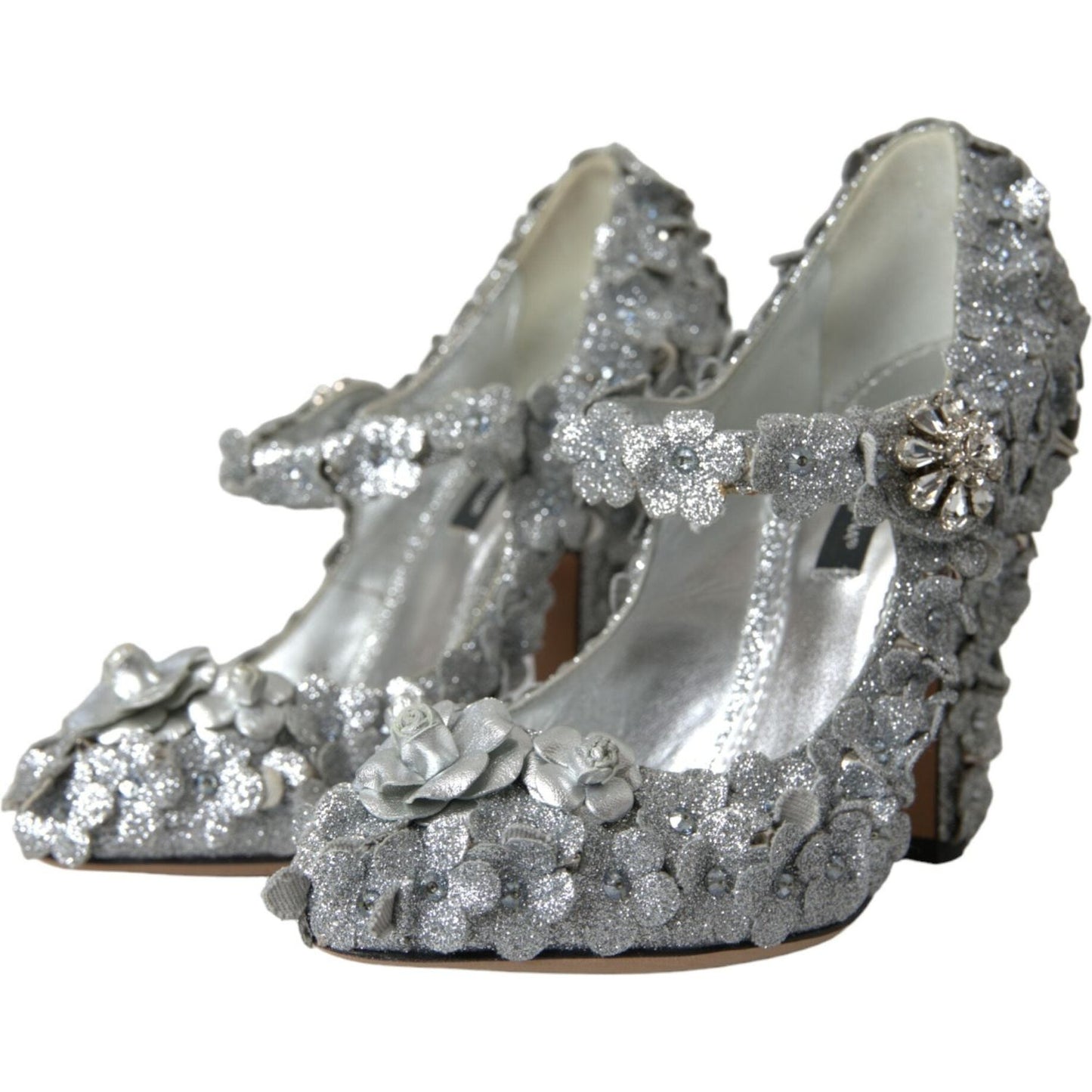 Dolce & Gabbana Silver Floral Crystal Mary Jane Pumps Shoes Dolce & Gabbana Slate Gray