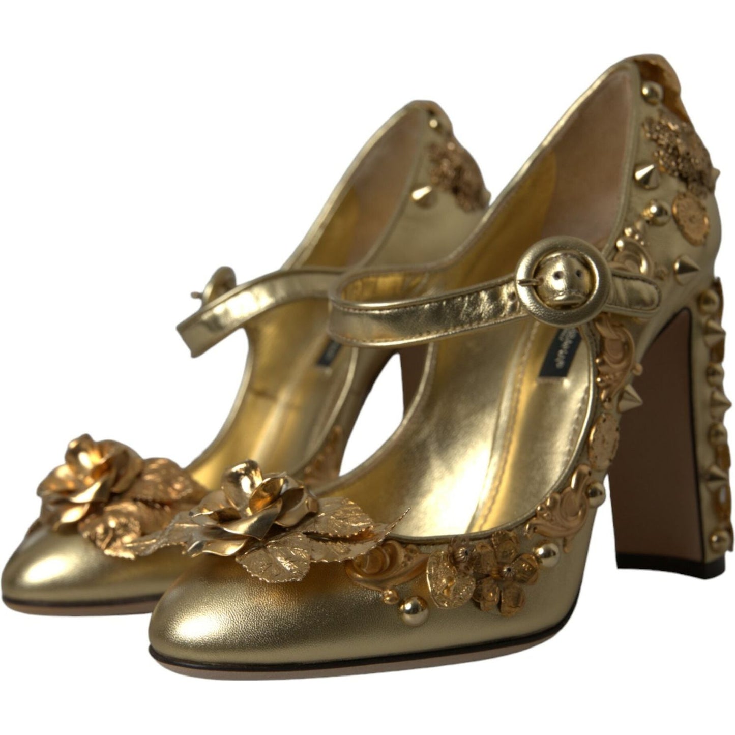 Dolce & Gabbana Gold Leather Crystal Mary Janes Pumps Shoes Dolce & Gabbana Dark Olive Green