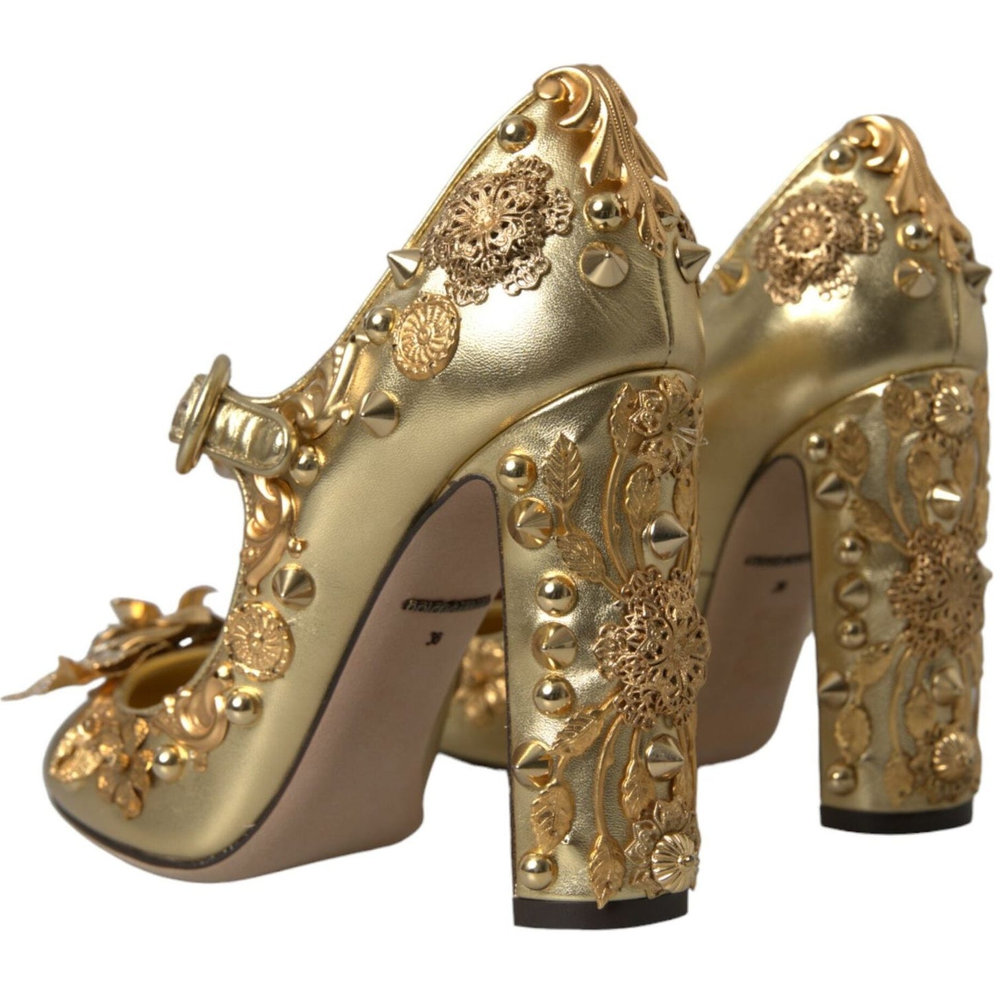 Dolce & Gabbana Gold Leather Crystal Mary Janes Pumps Shoes Dolce & Gabbana Dim Gray