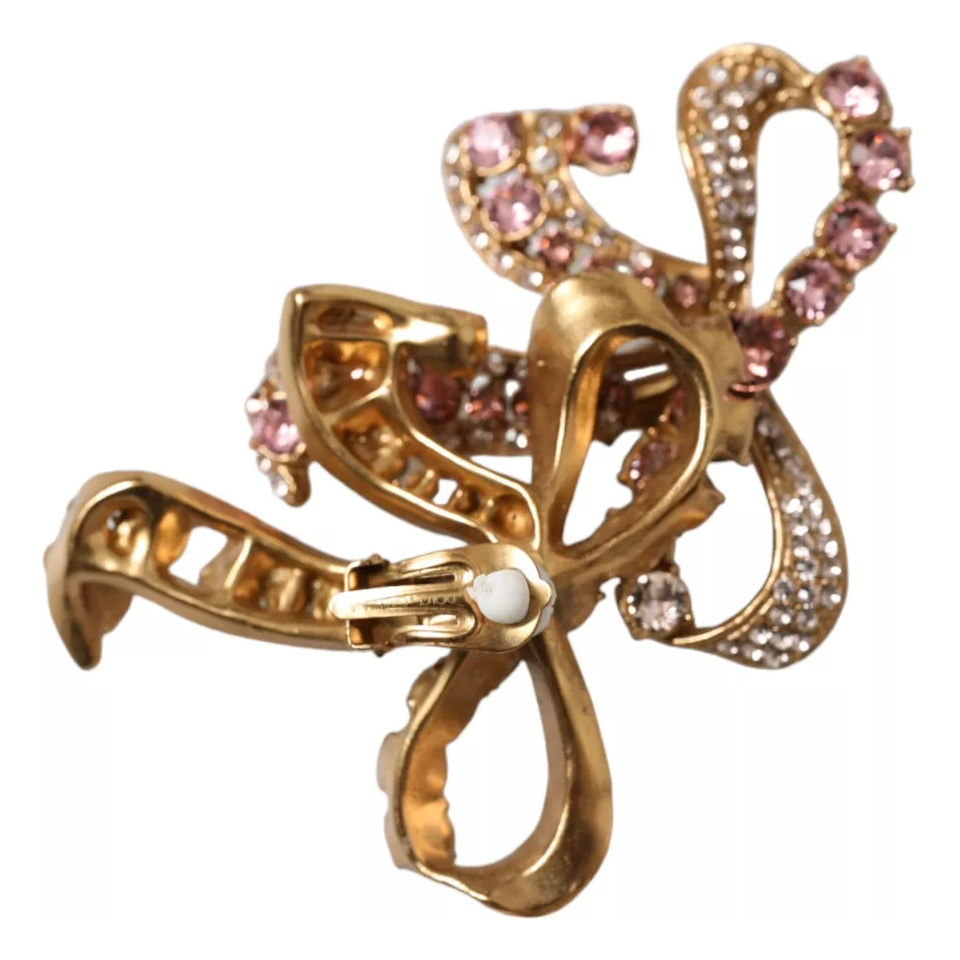 Dolce & Gabbana Gold Brass Pink Clear Crystal Bow Fiocchi Christmas Earrings Dolce & Gabbana Sienna