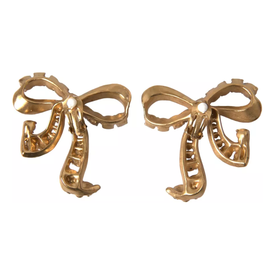 Dolce & Gabbana Gold Brass Pink Clear Crystal Bow Fiocchi Christmas Earrings Dolce & Gabbana Sienna