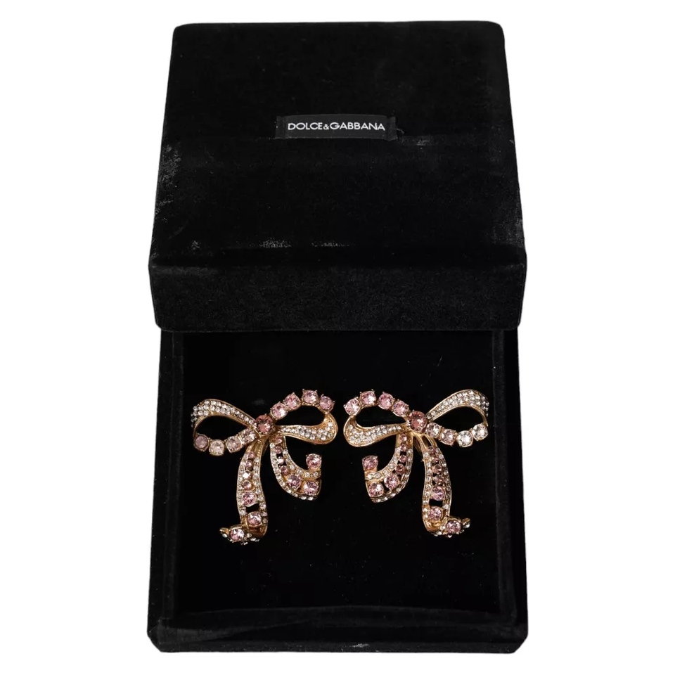 Dolce & Gabbana Gold Brass Pink Clear Crystal Bow Fiocchi Christmas Earrings Dolce & Gabbana Black