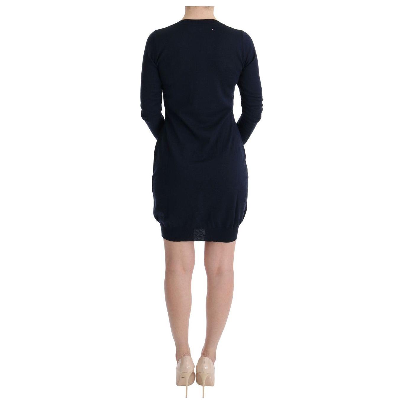MARGHI LO' Elegant Over Knee Blue Wool Dress MARGHI LO' Black