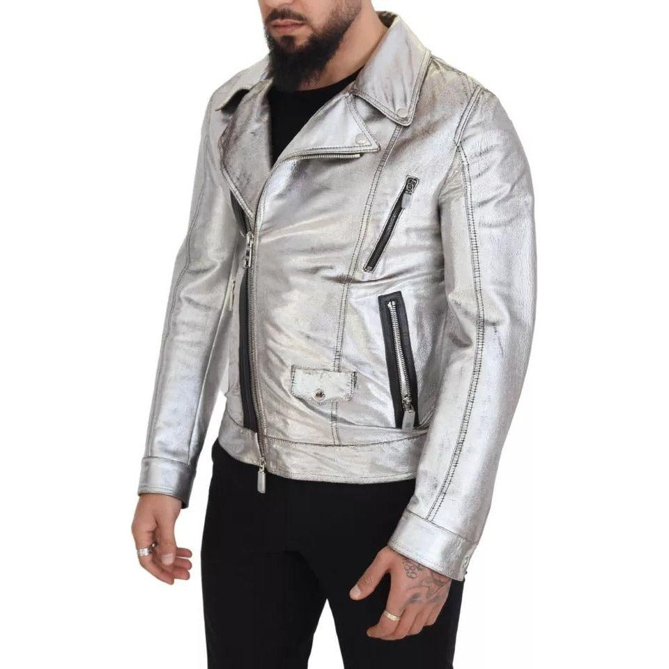 Dolce & Gabbana Silver Leather Biker Coat Lambskin Jacket Dolce & Gabbana Gray